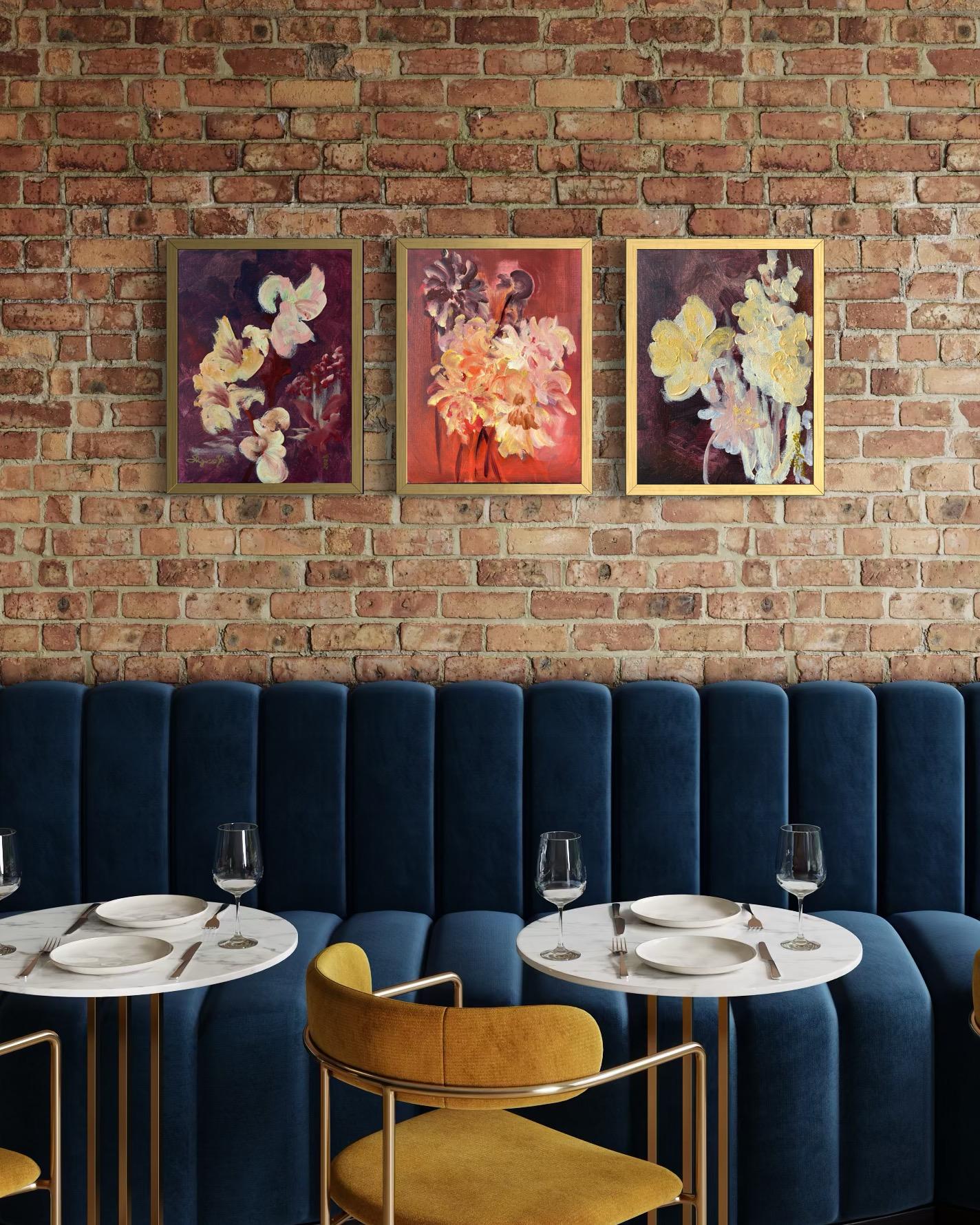 Original 3 Schwestern-Triptychon-Britischer Preisträger-Gladiolen-Dahlien-Elderberry – Painting von Shizico Yi