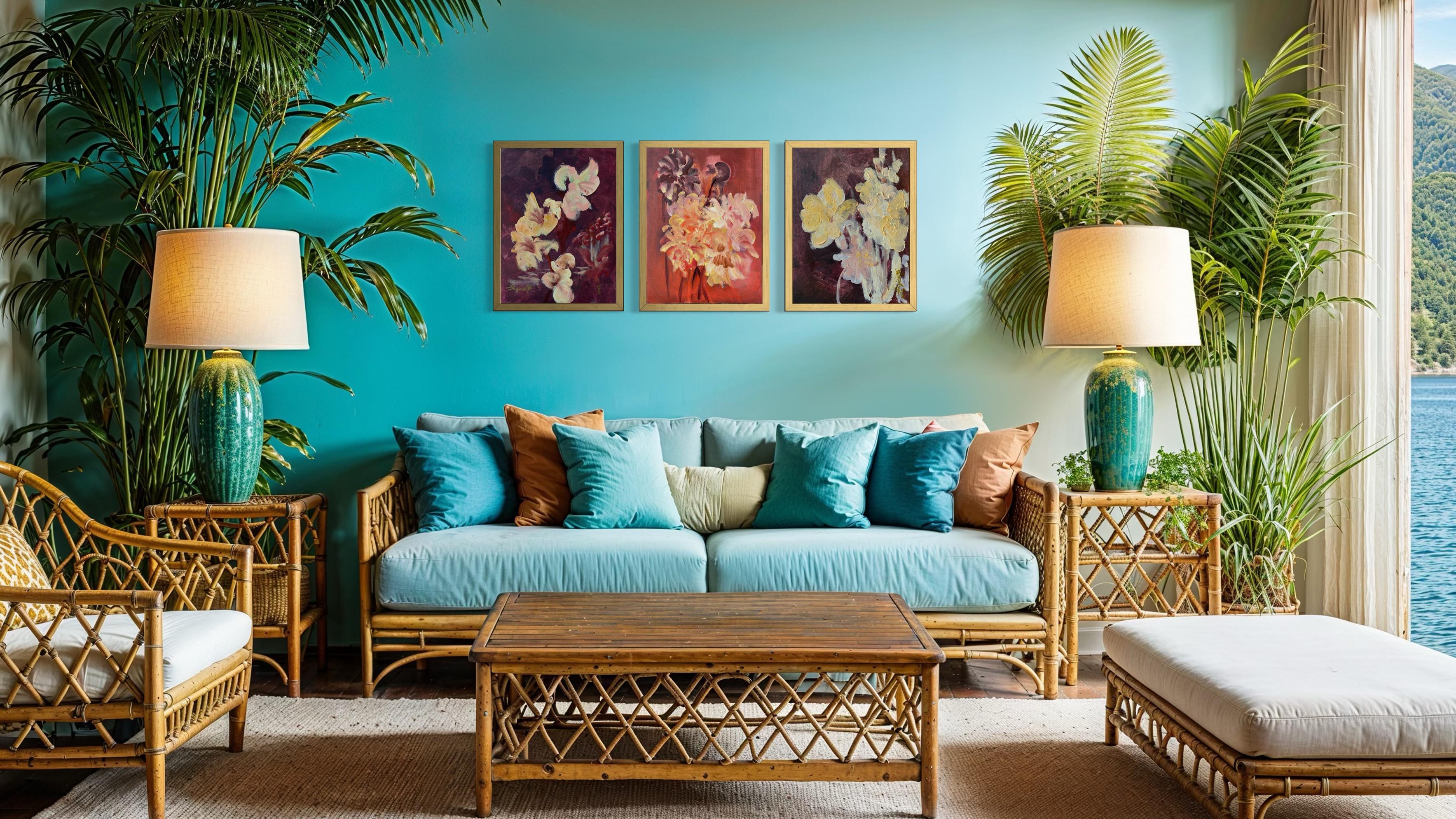 Original 3 Schwestern-Triptychon-Britischer Preisträger-Gladiolen-Dahlien-Elderberry (Braun), Landscape Painting, von Shizico Yi