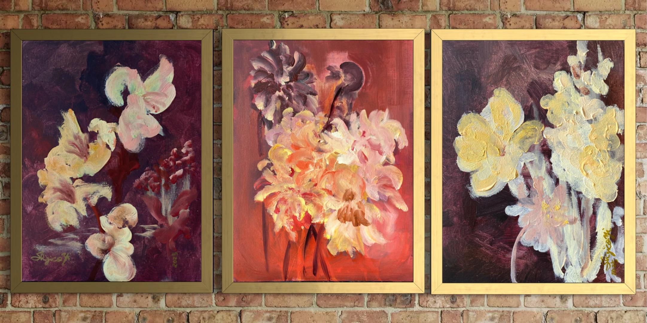 Original 3 Schwestern-Triptychon-Britischer Preisträger-Gladiolen-Dahlien-Elderberry (Abstrakter Impressionismus), Painting, von Shizico Yi
