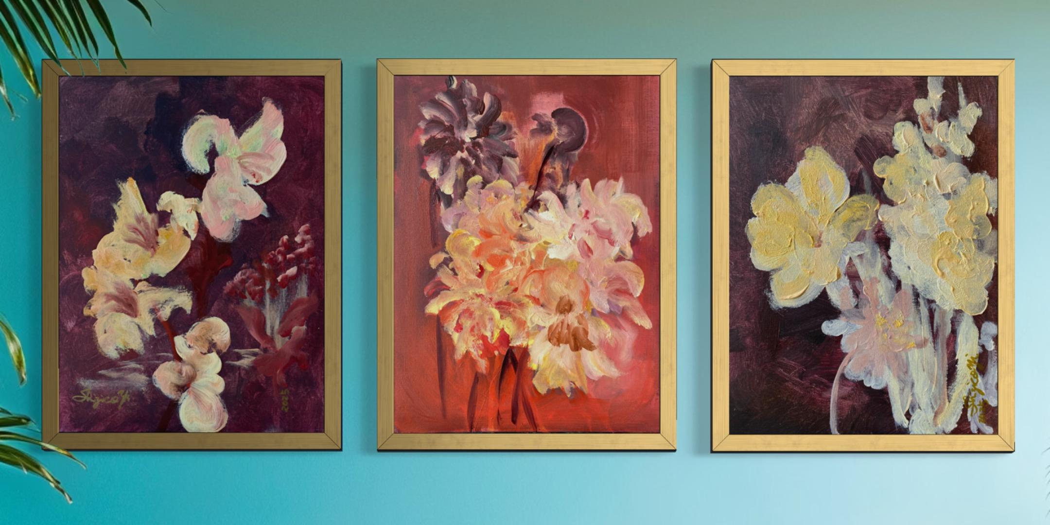 Original 3 Schwestern-Triptychon-Britischer Preisträger-Gladiolen-Dahlien-Elderberry im Angebot 15