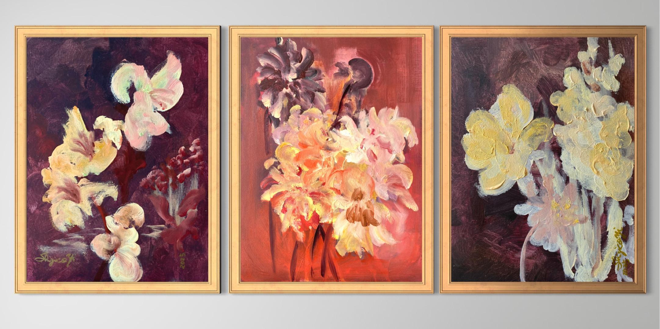 Shizico Yi Landscape Painting – Original 3 Schwestern-Triptychon-Britischer Preisträger-Gladiolen-Dahlien-Elderberry