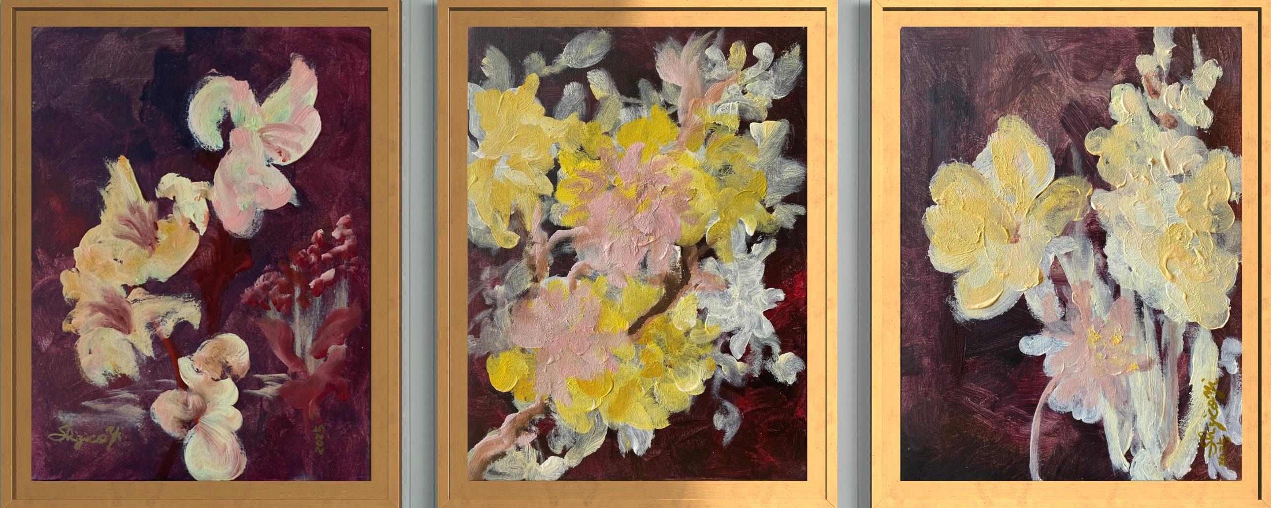 Original Triptych-Gladiolus, Dahlias, and Elderberry-British Awarded Artist-oil