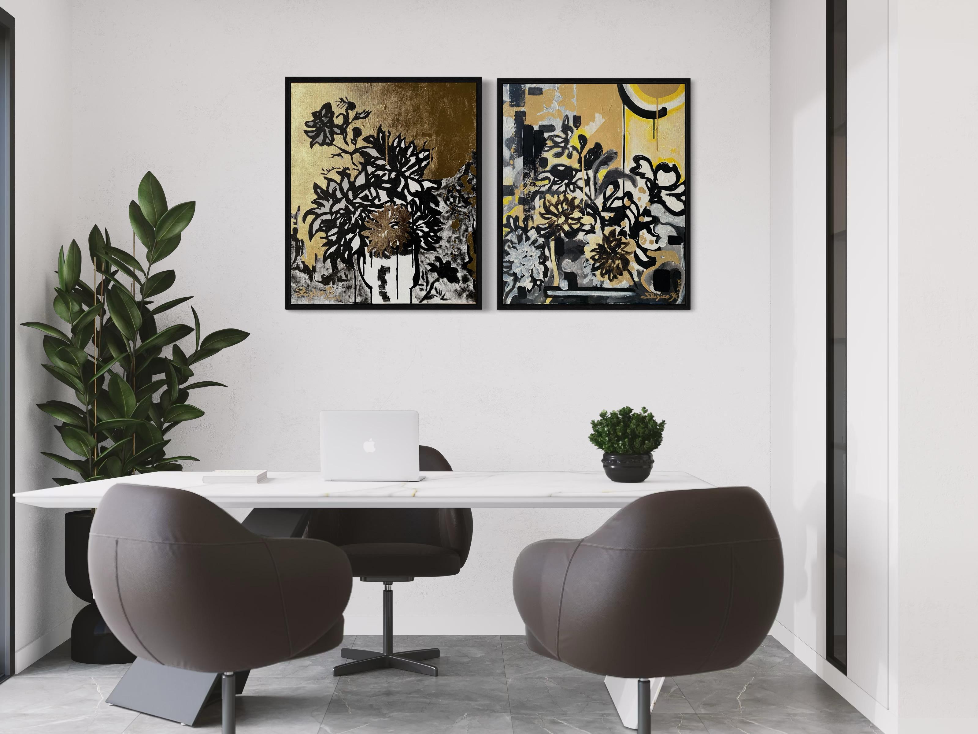 Original Triptych-British Awarded Artist-Drawing Time-GoldLeaf+Sumi Ink onCanvas For Sale 15
