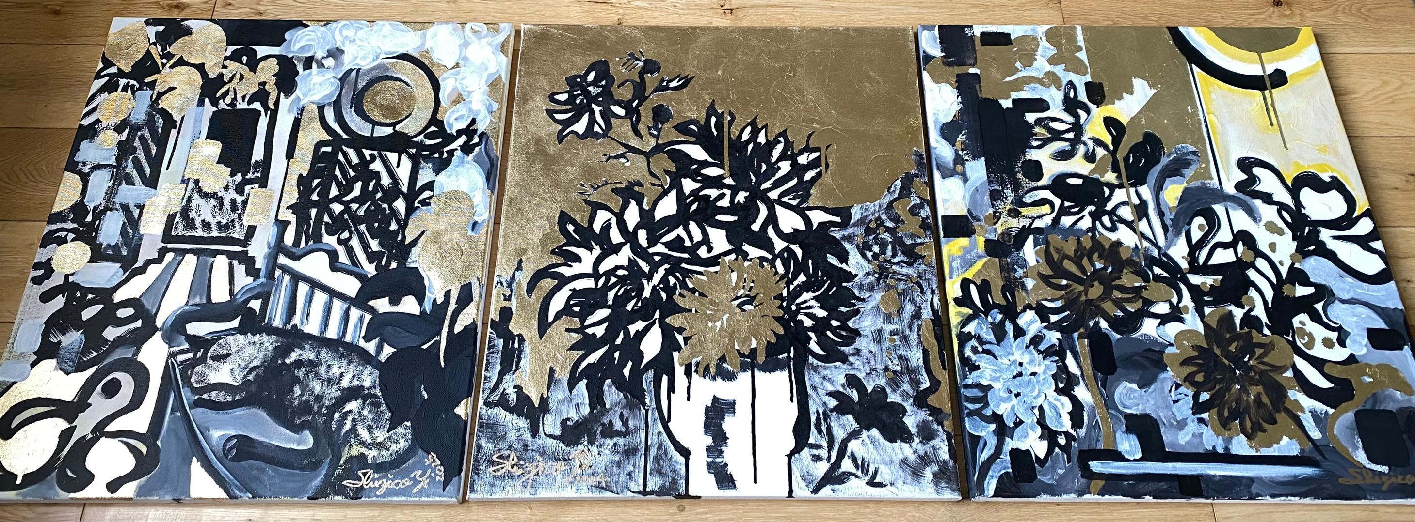 Original Triptych-British Awarded Artist-Drawing Time-GoldLeaf+Sumi Ink onCanvas For Sale 14