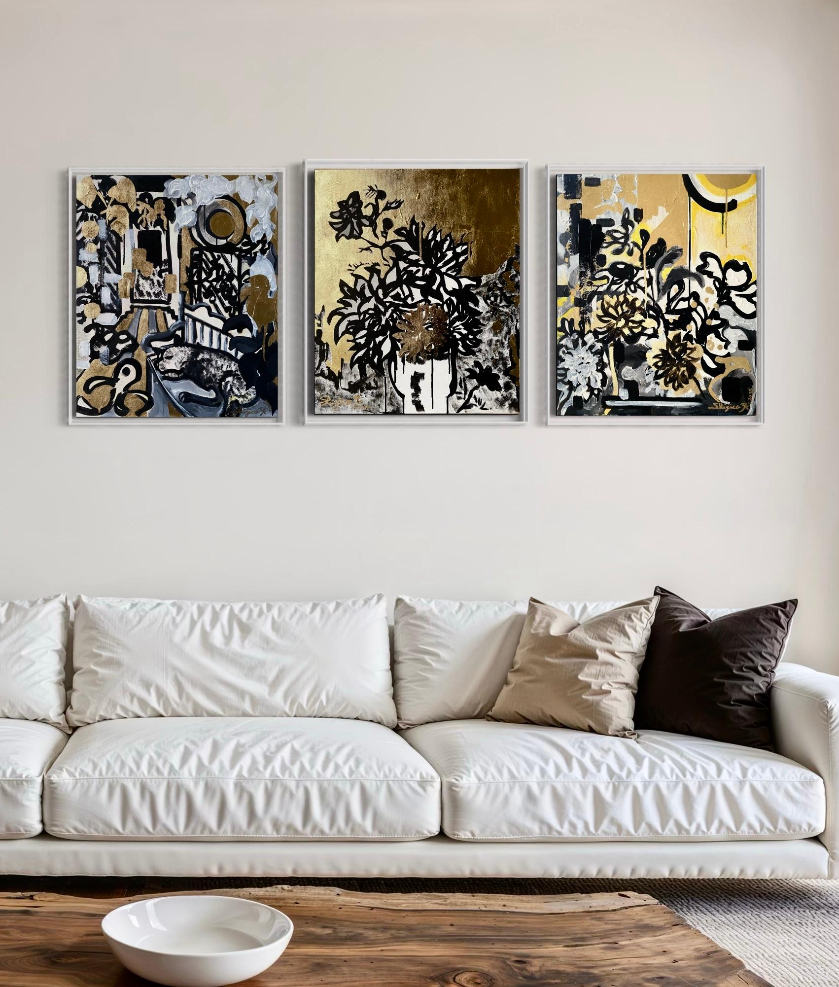 Original Triptych-British Awarded Artist-Drawing Time-GoldLeaf+Sumi Ink onCanvas - Painting by Shizico Yi