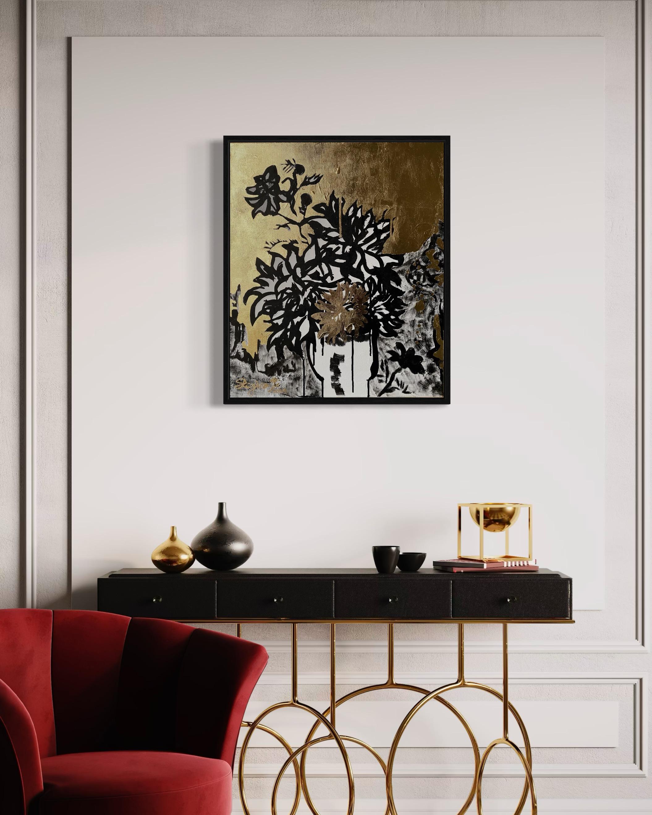 Original Triptych-British Awarded Artist-Drawing Time-GoldLeaf+Sumi Ink onCanvas - Brown Abstract Painting by Shizico Yi