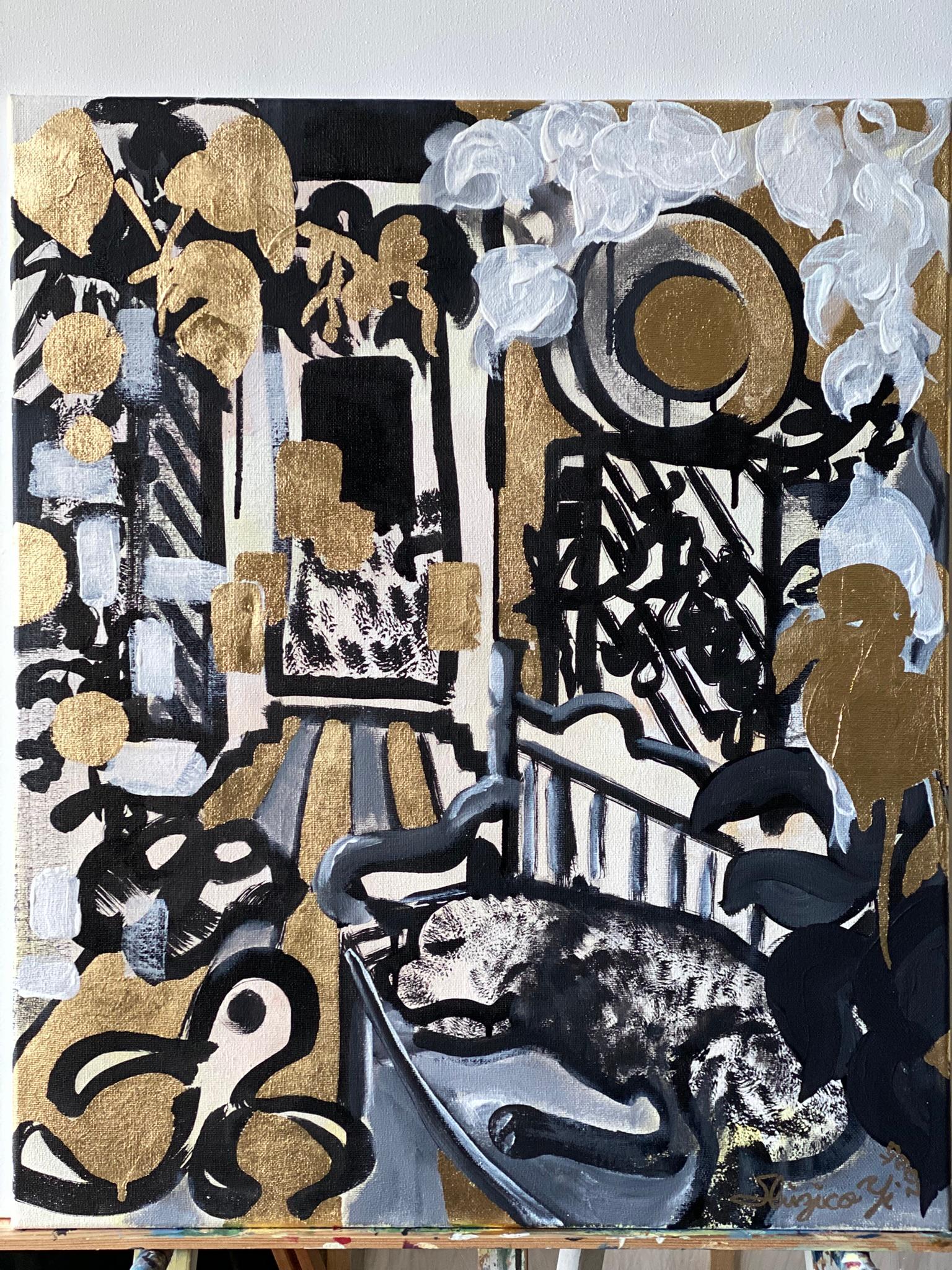 Original Triptych-British Awarded Artist-Drawing Time-GoldLeaf+Sumi Ink onCanvas For Sale 2