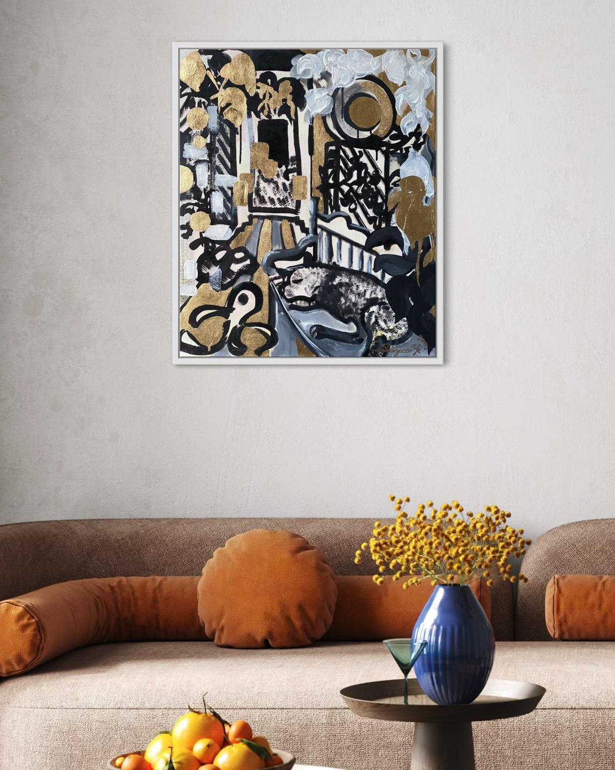 Original Triptych-British Awarded Artist-Drawing Time-GoldLeaf+Sumi Ink onCanvas For Sale 3