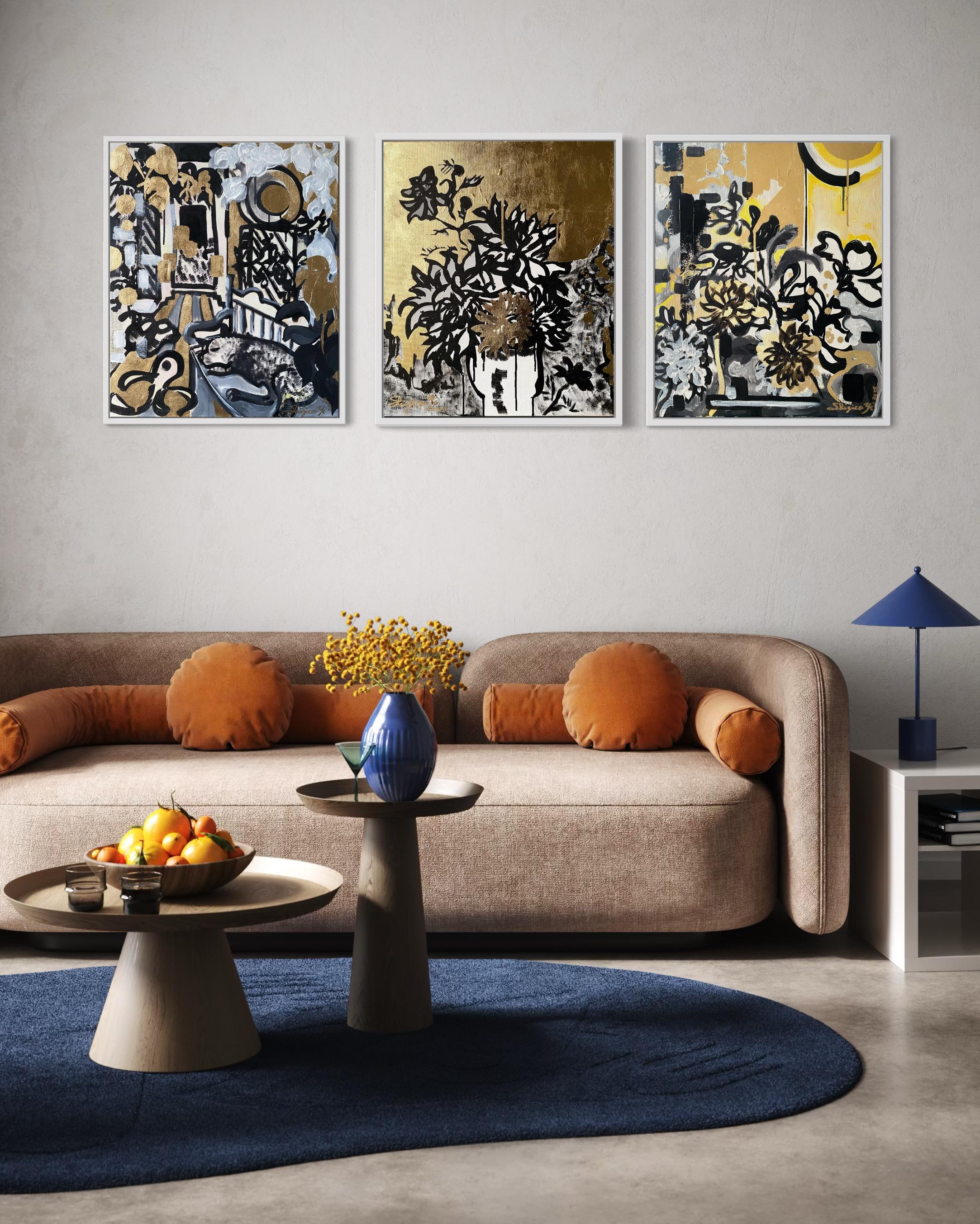 Original Triptych-British Awarded Artist-Drawing Time-GoldLeaf+Sumi Ink onCanvas For Sale 4