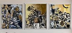 Original Triptych-British Awarded Artist-Drawing Time-GoldLeaf+Sumi Ink onCanvas