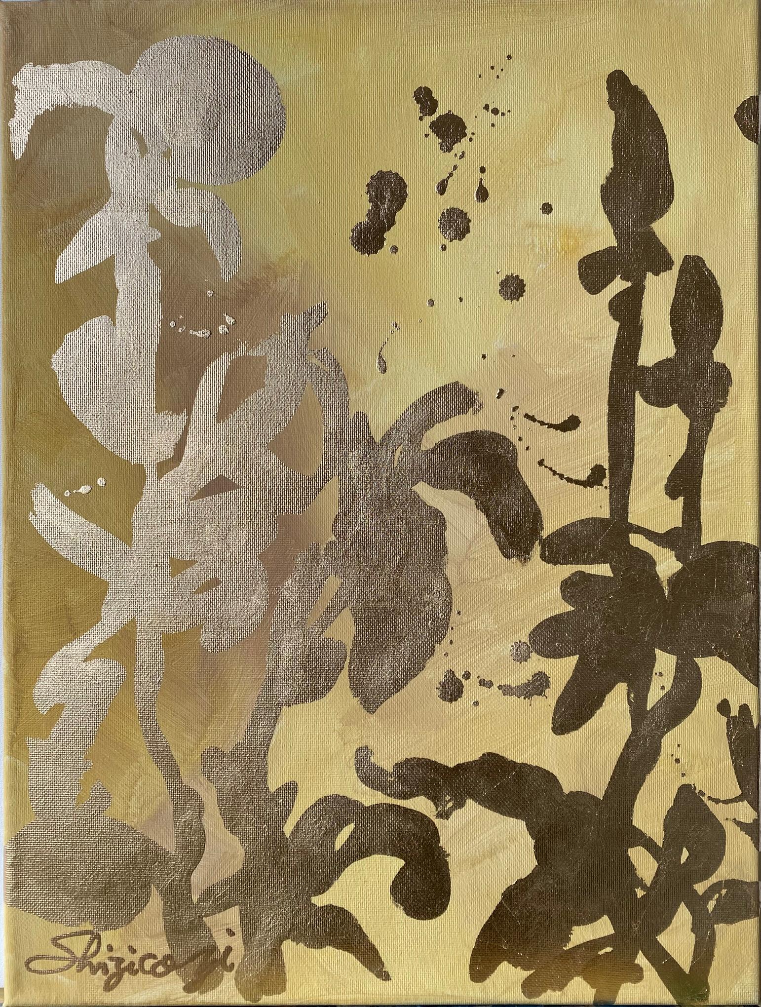 Trittico originale Memorie del paesaggio-Artista britannico premiato-Foglia d'oro e olio - Painting Impressionismo astratto di Shizico Yi