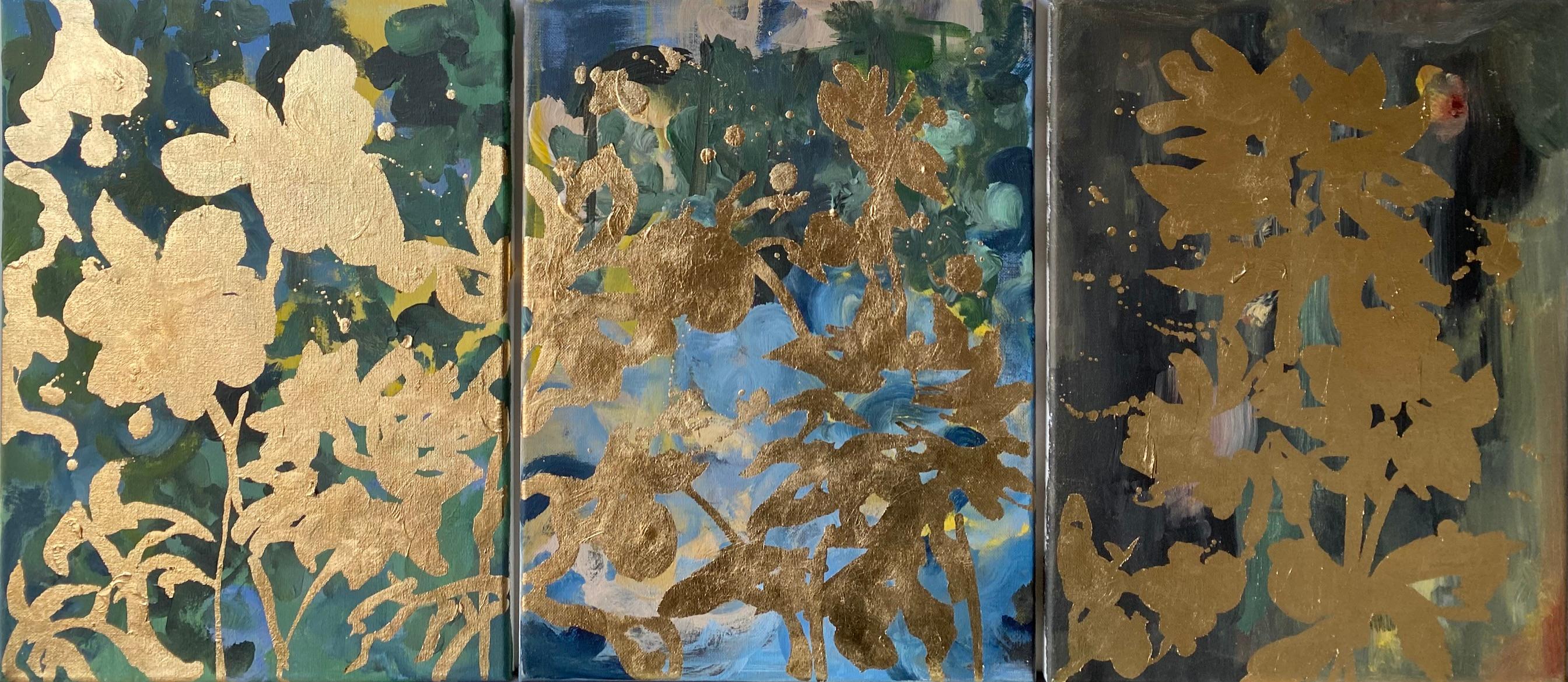 Trittico originale Memorie di paesaggio-Foglia d'oro con olio-Artista britannico premiato