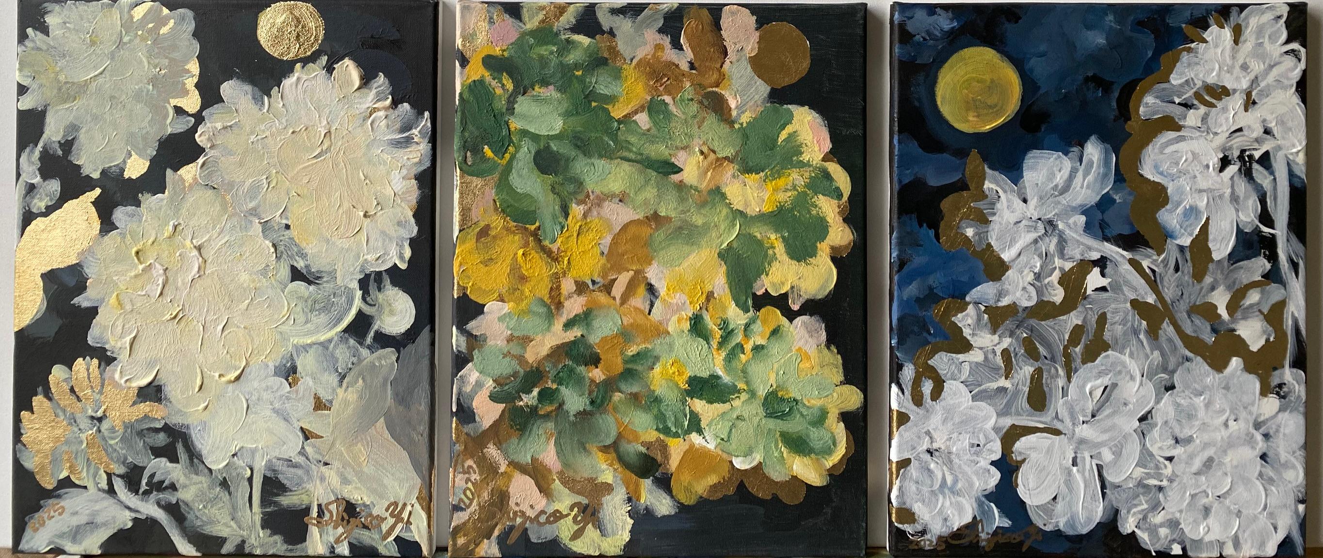 Shizico Yi Abstract Painting - Original Triptych-Moonlit Jardin d'Hiver 1, 2, 3-British Awarded Artist-Impasto