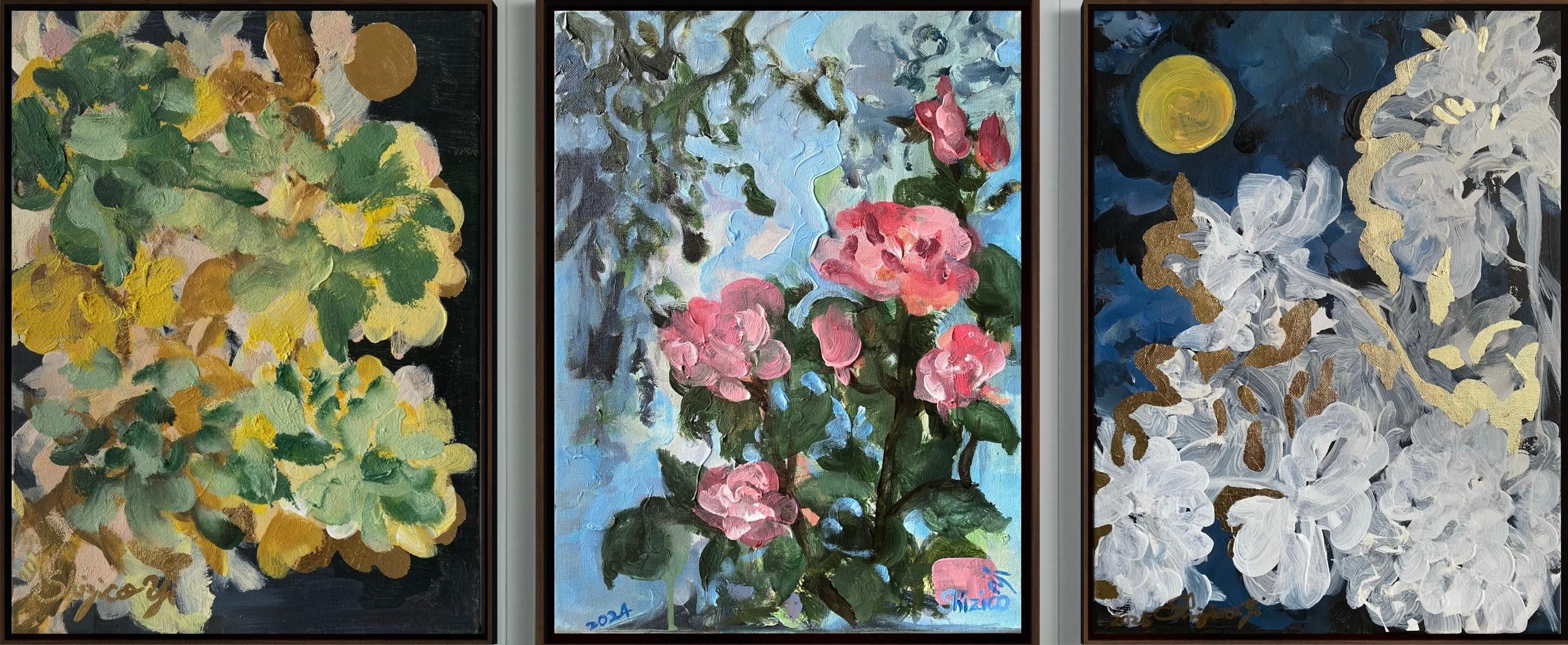 Shizico Yi Abstract Painting - Original Triptych-Jardin d
Hiver and La vie Rose-British Awarded Artist-Impasto