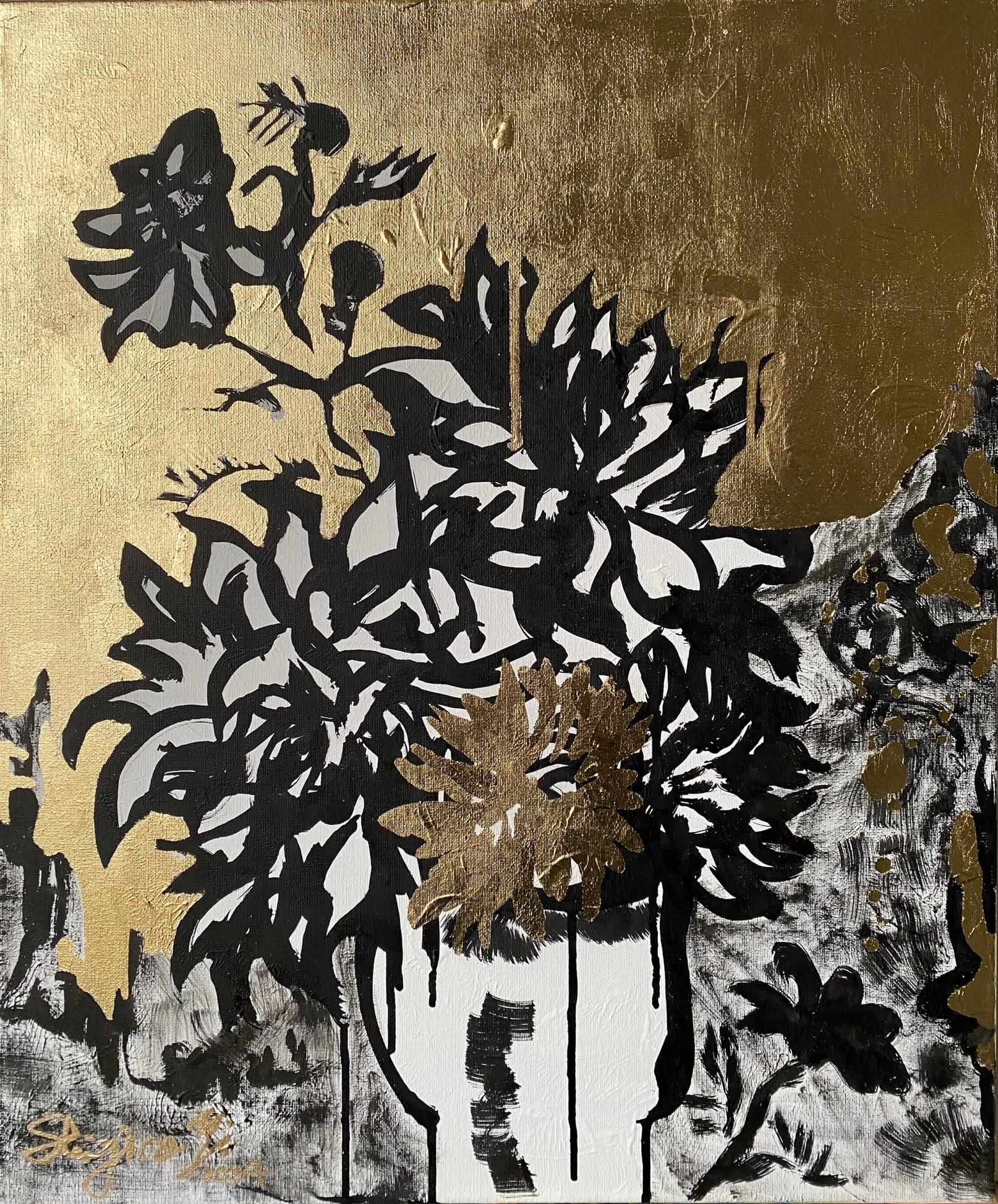 Tríptico original-Hoja de Oro+Tinta Sumi sobre lienzo-Artista británico galardonado-DrawingTime en venta 7
