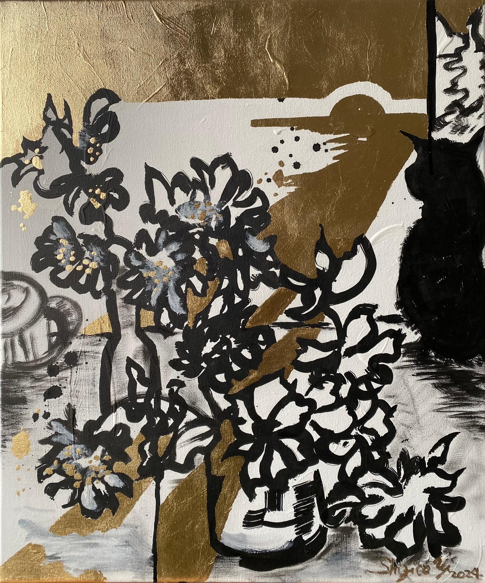Tríptico original-Hoja de Oro+Tinta Sumi sobre lienzo-Artista británico galardonado-DrawingTime en venta 8