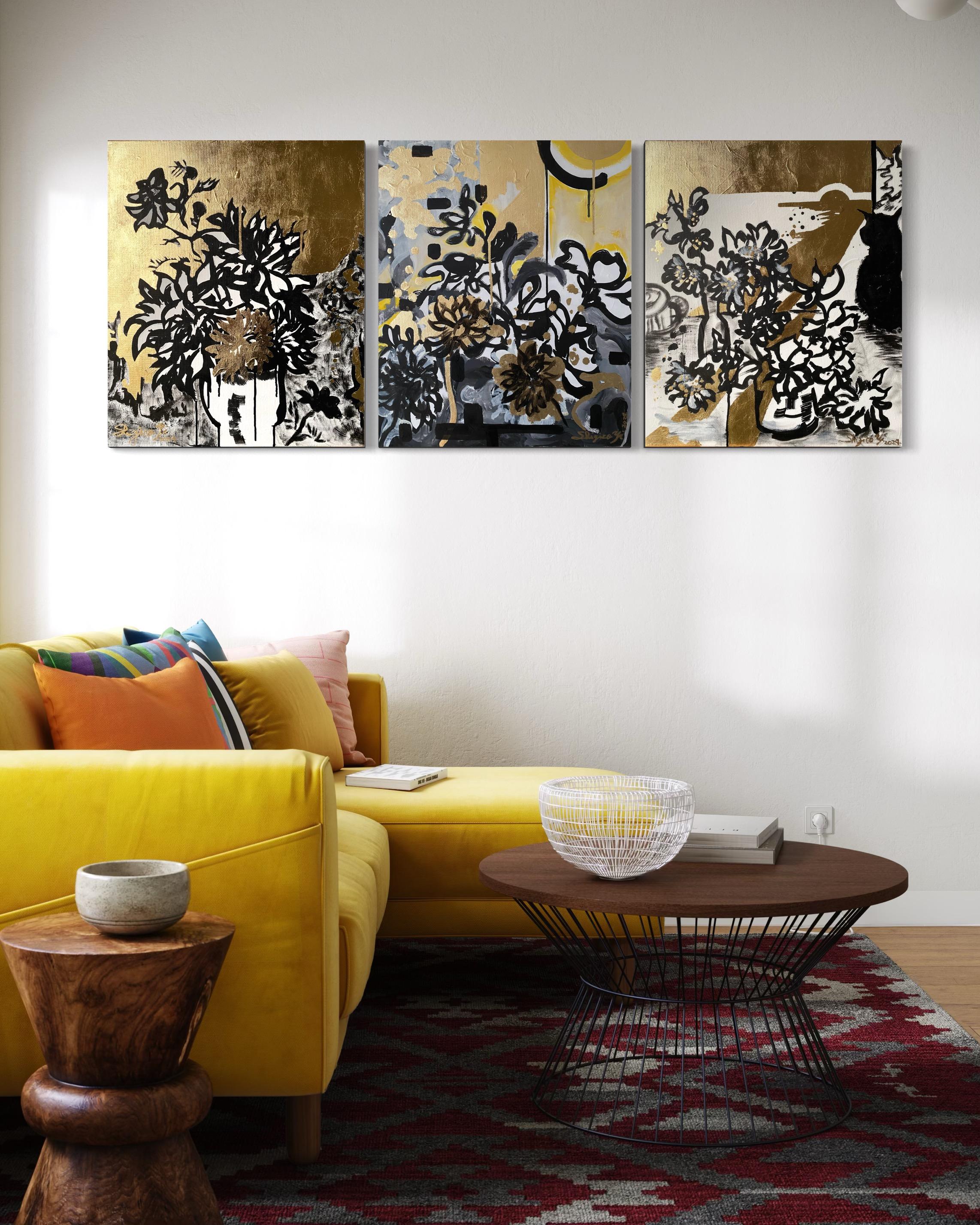 Tríptico original-Hoja de Oro+Tinta Sumi sobre lienzo-Artista británico galardonado-DrawingTime - Painting de Shizico Yi