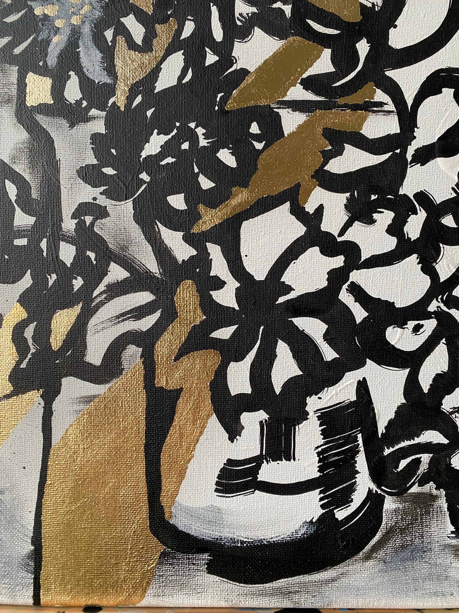 Tríptico original-Hoja de Oro+Tinta Sumi sobre lienzo-Artista británico galardonado-DrawingTime en venta 11