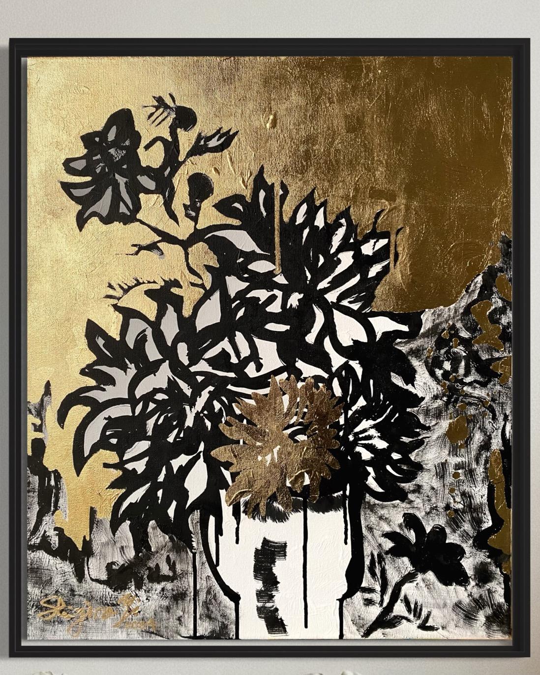 Tríptico original-Hoja de Oro+Tinta Sumi sobre lienzo-Artista británico galardonado-DrawingTime - Painting Impresionista abstracto de Shizico Yi