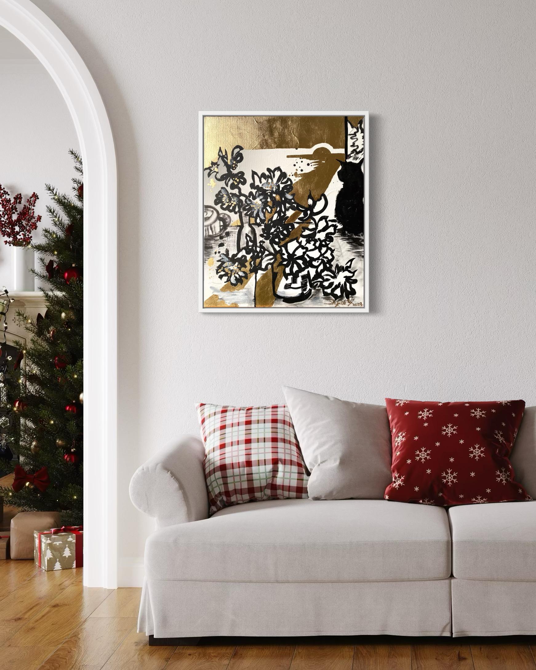 Tríptico original-Hoja de Oro+Tinta Sumi sobre lienzo-Artista británico galardonado-DrawingTime en venta 1