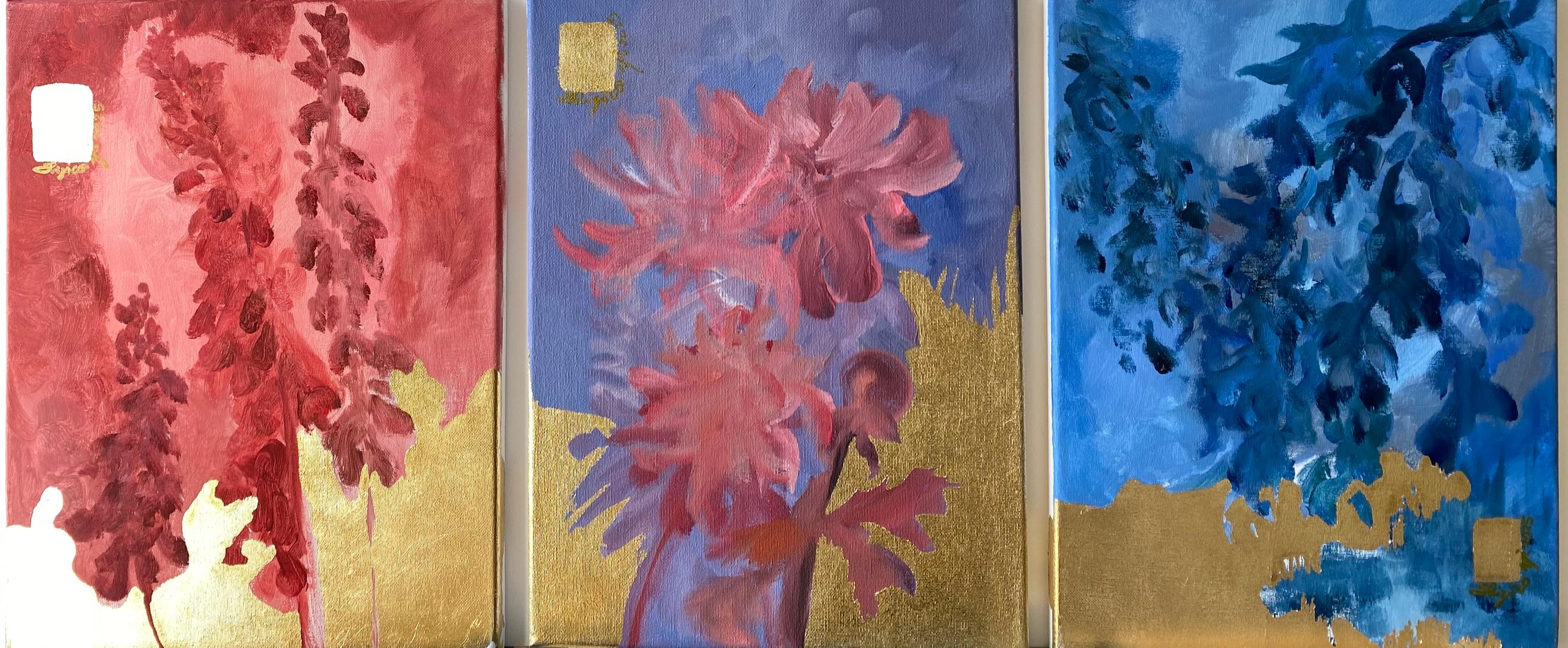 Original Triptychon-Sunlit Series-British Awarded Artist-Gold Leaf, Öl auf Leinwand
