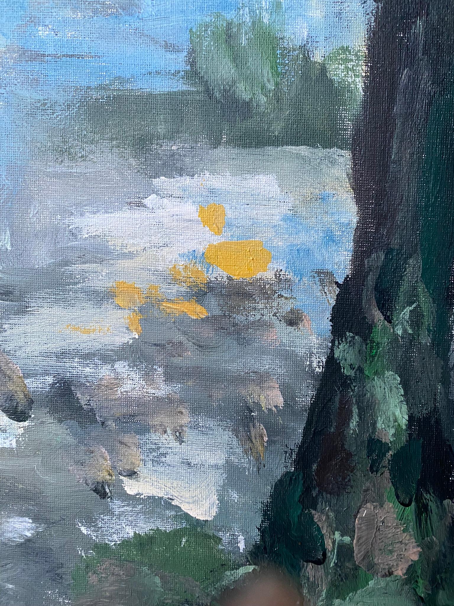 Estanque de sauces original en otoño-plein air-Artista británico galardonado-Expresionista en venta 4