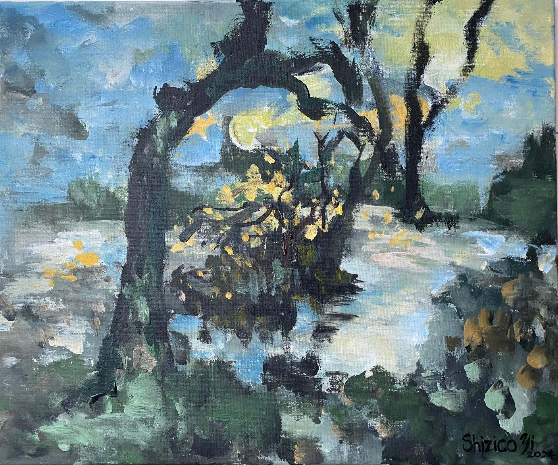 Abstract Painting de Shizico Yi - Estanque de sauces original en otoño-plein air-Artista británico galardonado-Expresionista