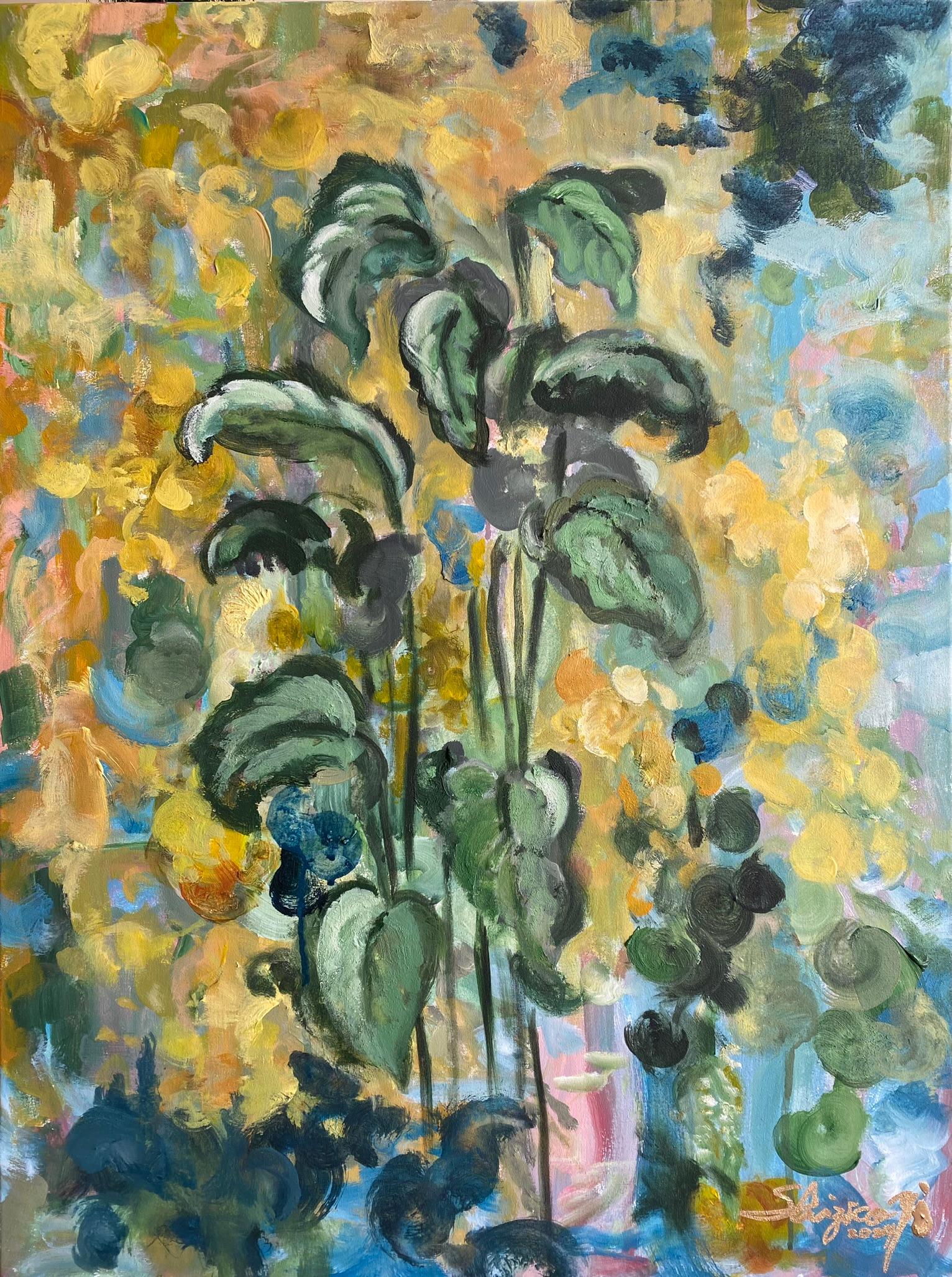 Abstract Painting di Shizico Yi - Originale-Winter Bloom-British AwardedArtist-Verde invernale con luce incandescente Hope