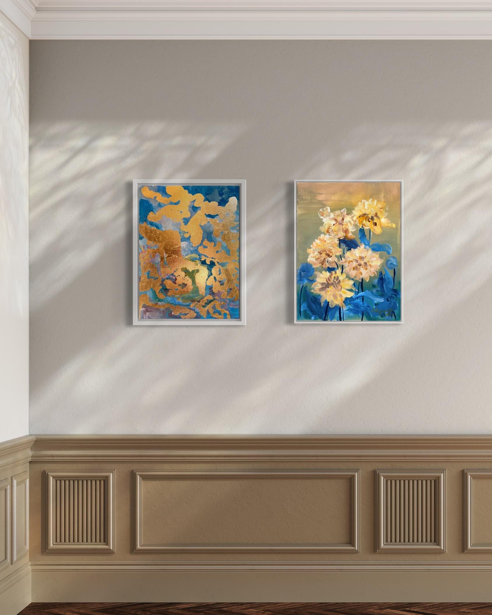Original-Yellow Dahlias in Blue-Abstract-Expression-British school- UK Artist For Sale 8
