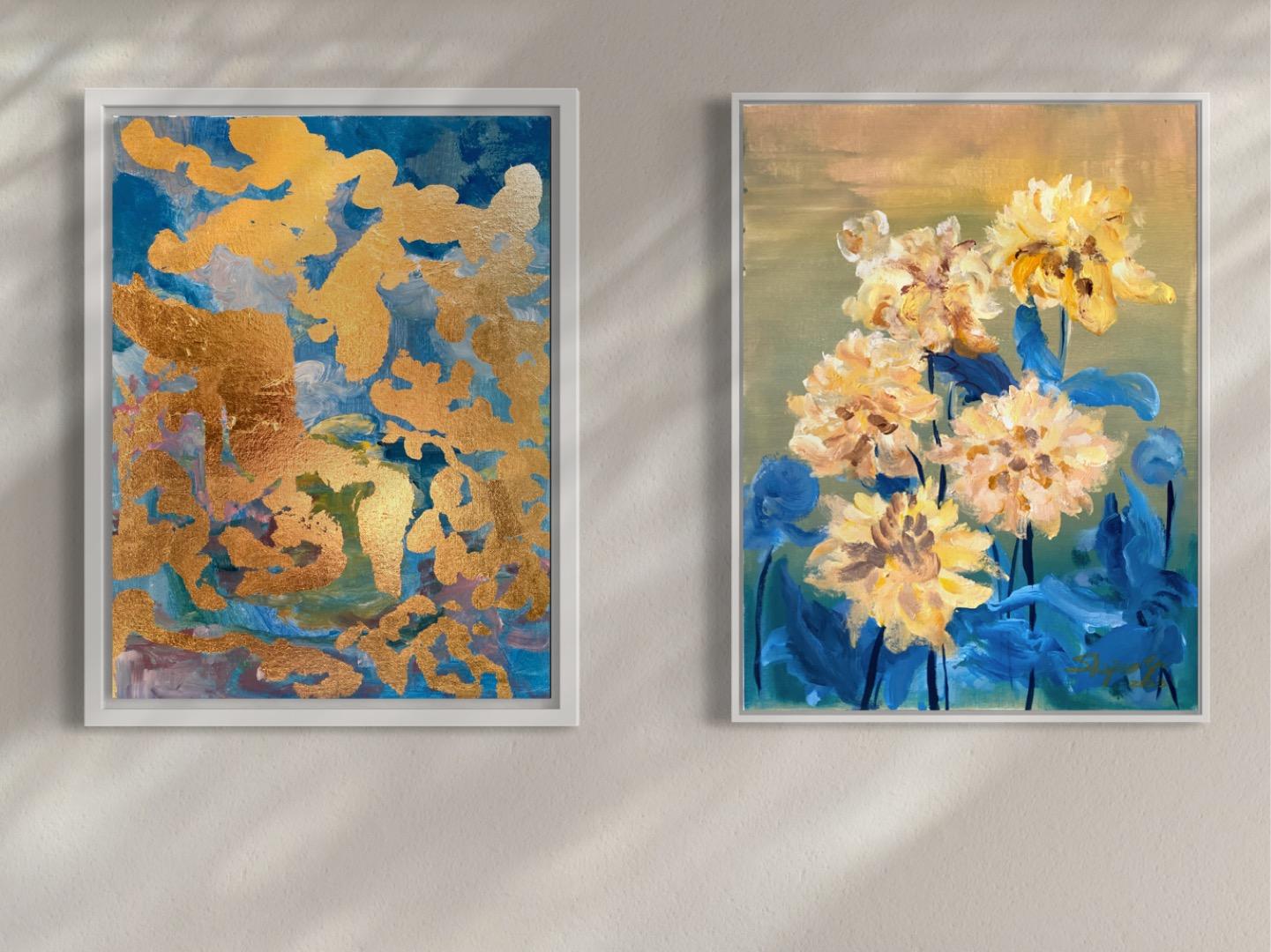Original-Yellow Dahlias in Blue-Abstract-Expression-British school- UK Artist For Sale 9