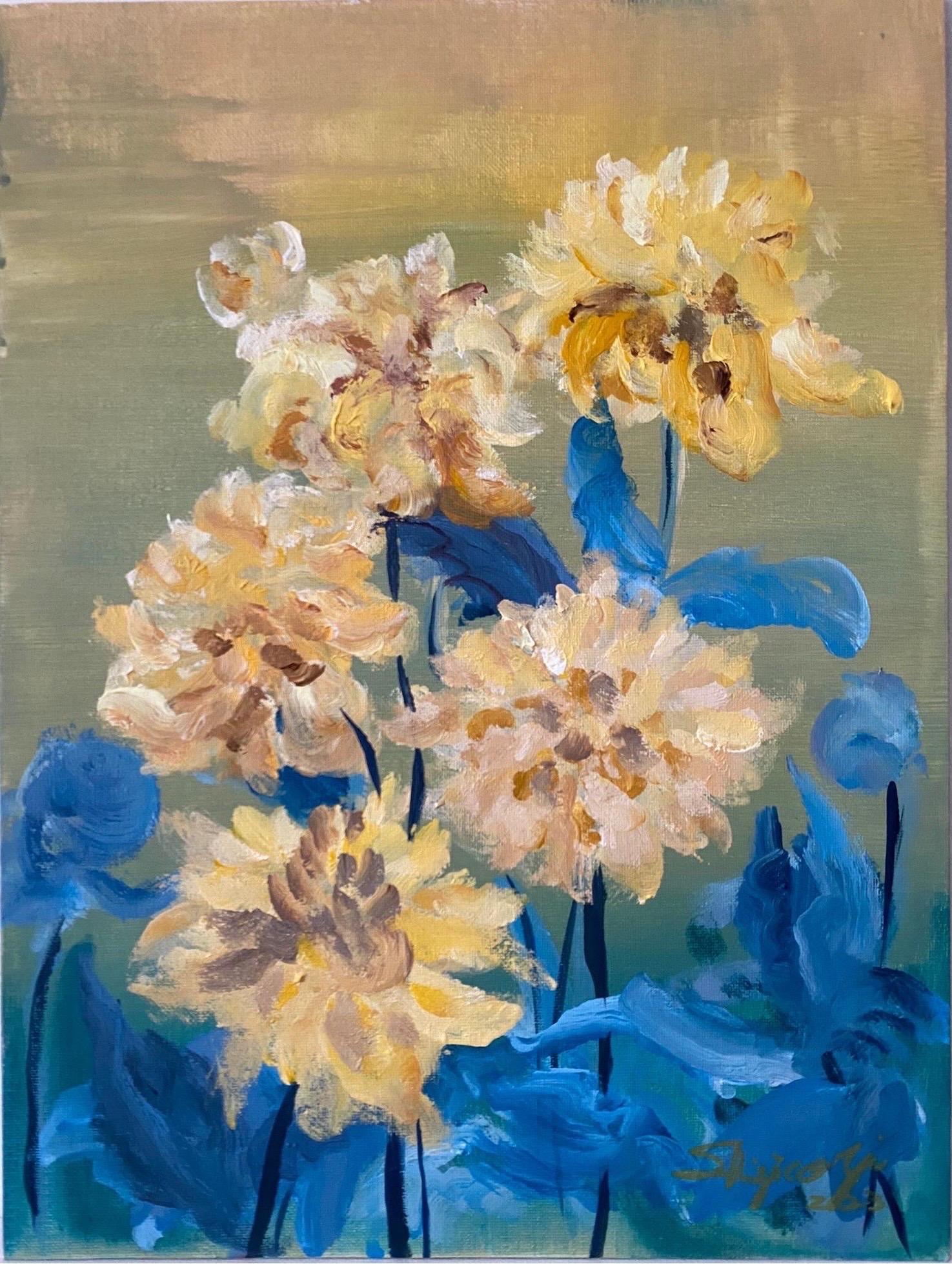Original-Yellow Dahlias in Blue-Abstract-Expression-British school- UK Artist - Abstract Expressionist Painting by Shizico Yi