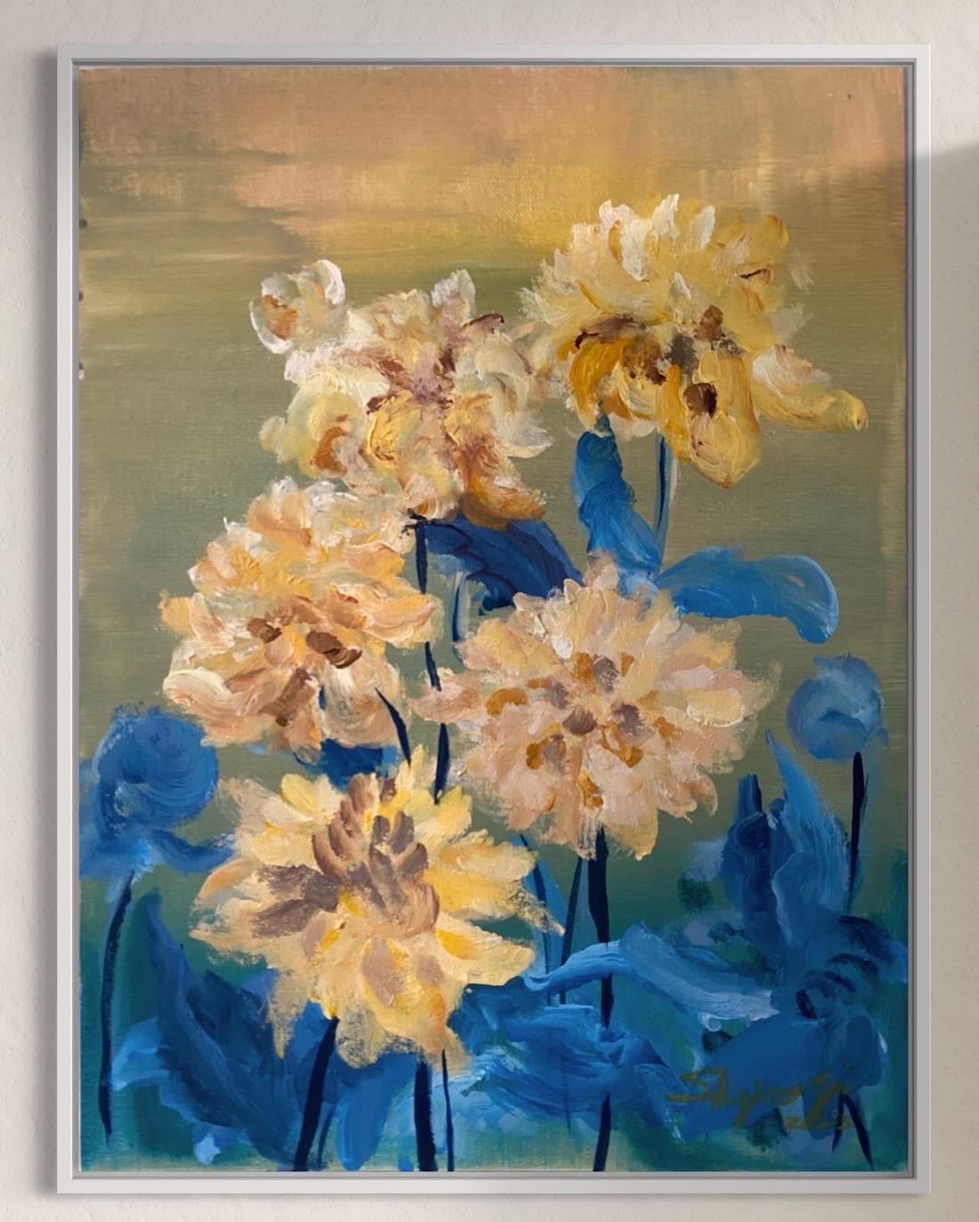 Original-Yellow Dahlias in Blue-Abstract-Expression-British school- UK Artist