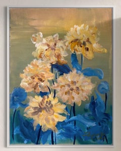 Original-Yellow Dahlias in Blue-Abstract-Expression-British school- UK Artist