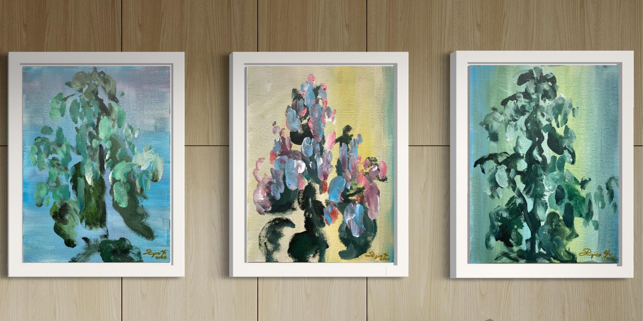 Originali-Trittico della Campana Magica-Artista britannico premiato-Dopo Monet-Impressionismo - Abstract Painting Grigio di Shizico Yi