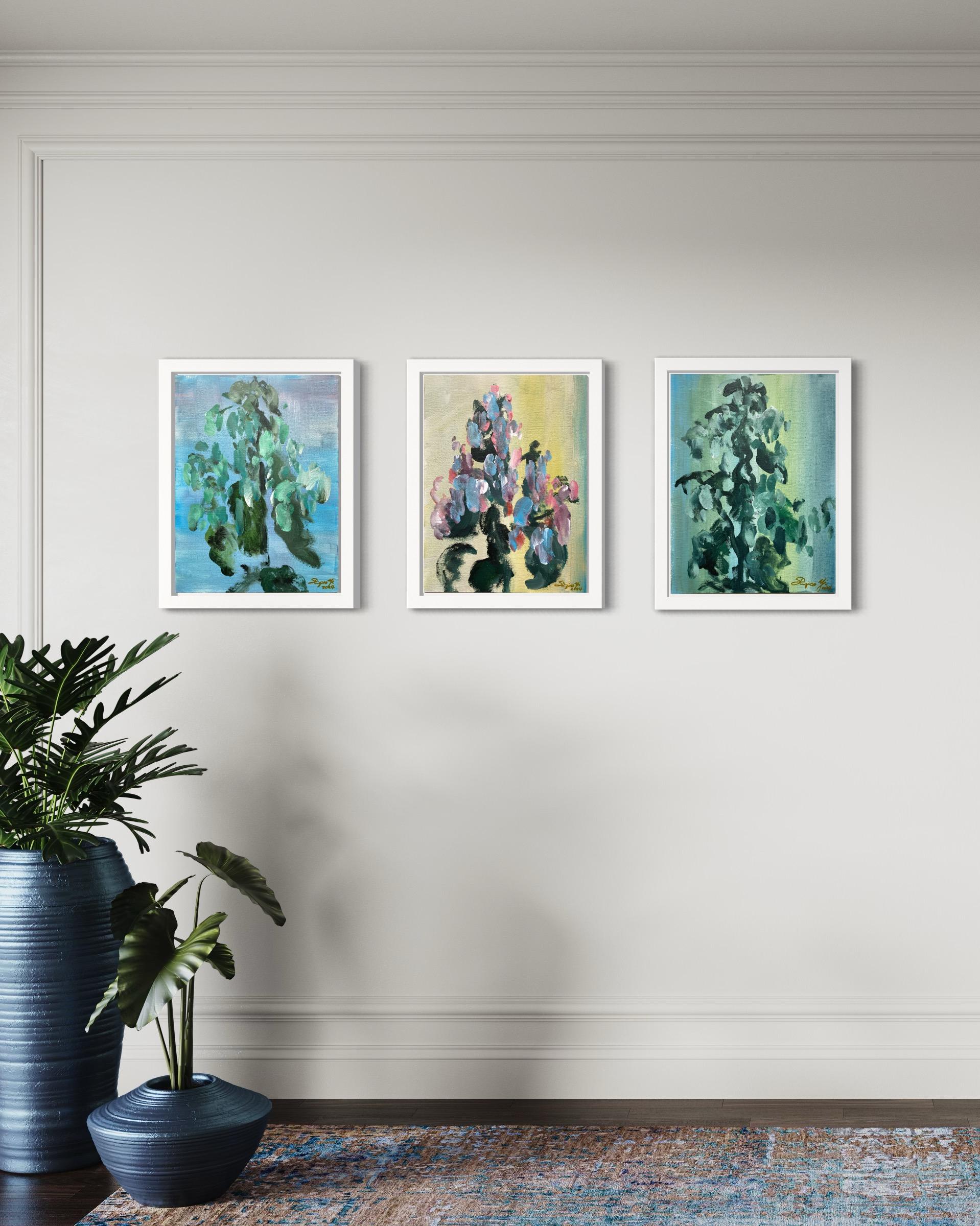Originals-Magic Bell Triptych-UK Awarded Artist-Botanical Abstract Expression - Painting by Shizico Yi