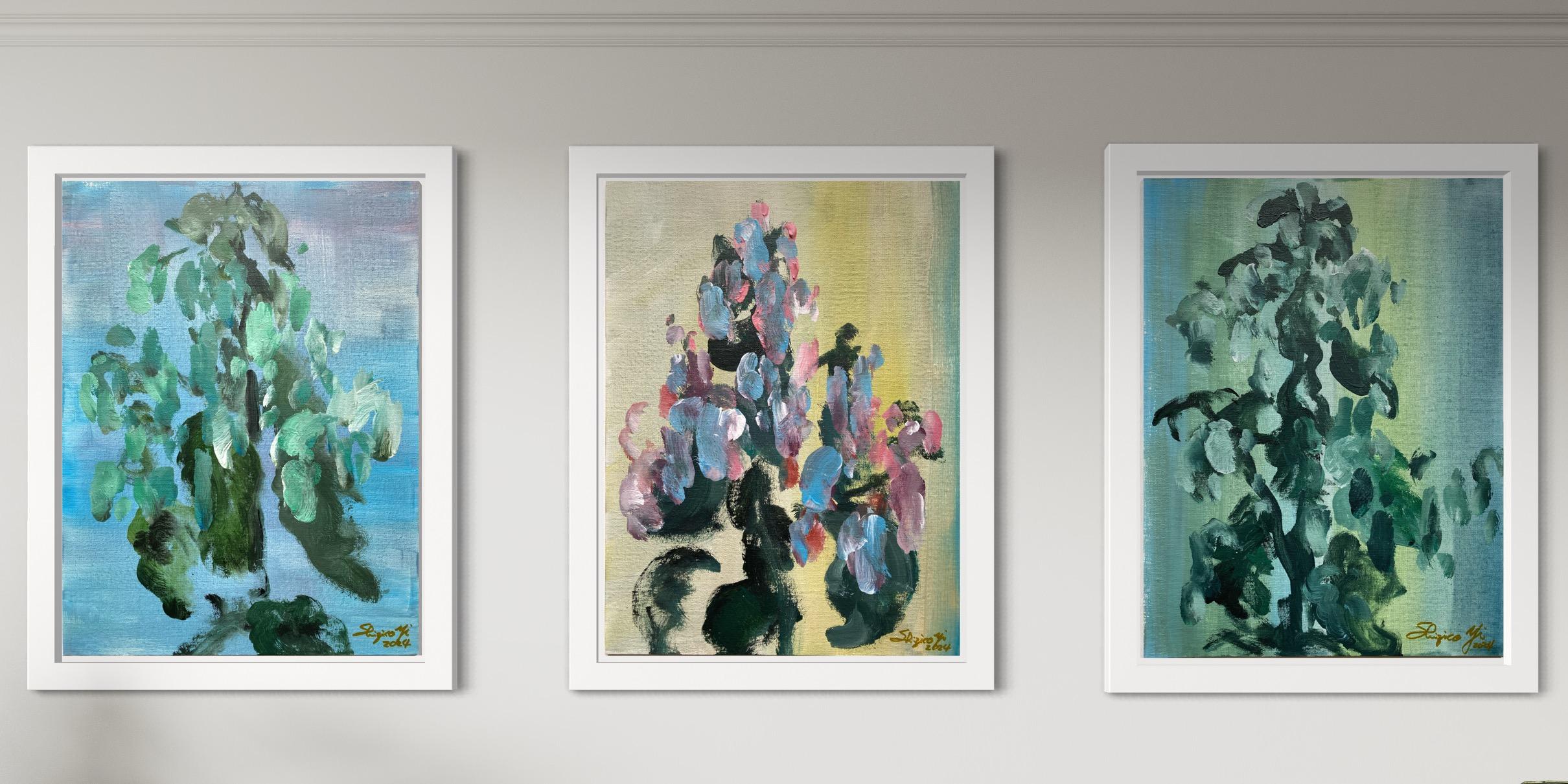 Shizico Yi Abstract Painting - Originals-Magic Bell Triptych-UK Awarded Artist-Botanical Abstract Expression