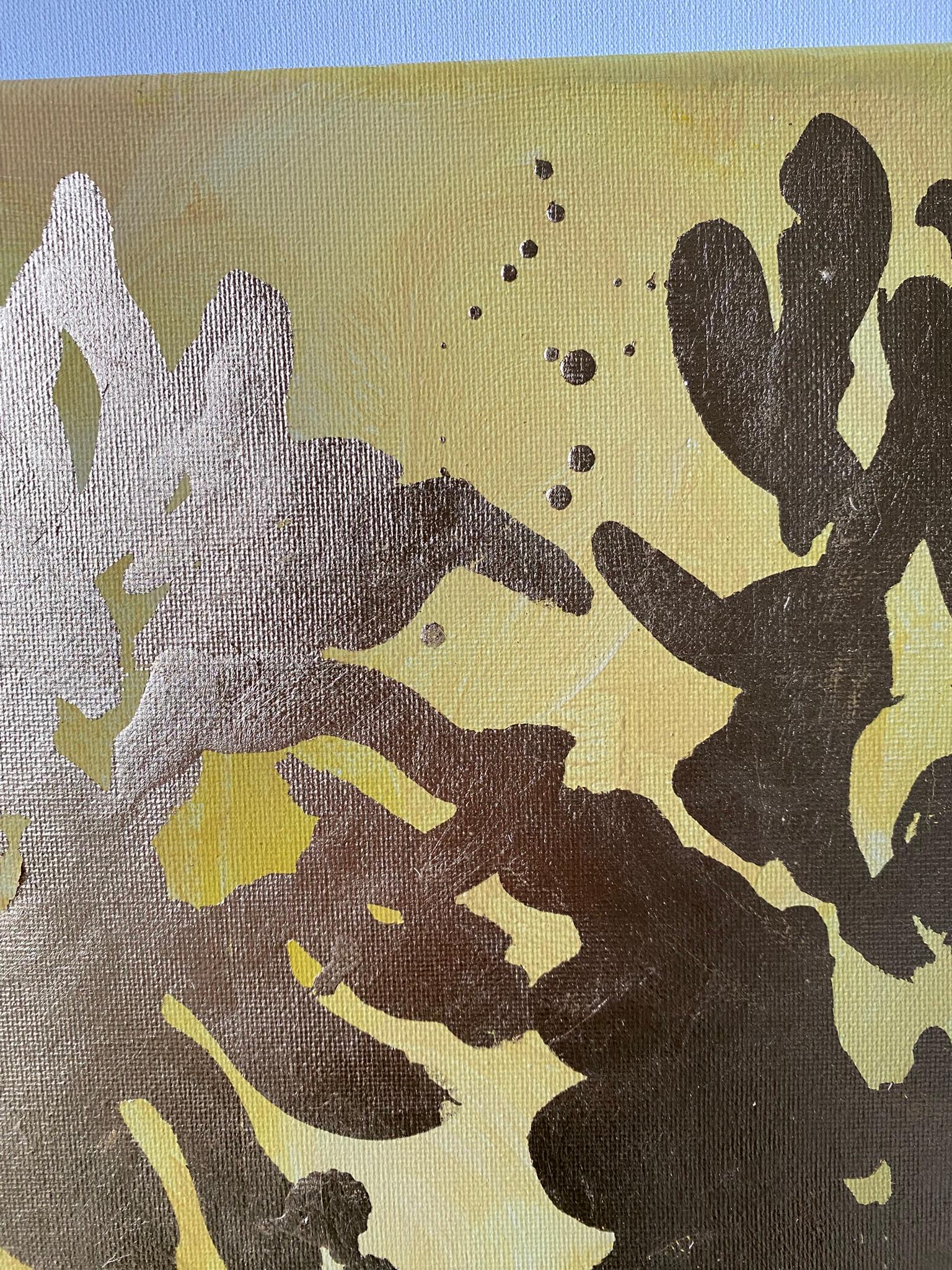 Landscape Memories XII-Sunlit Series capture les dahlias d'été sous la lumière chaude du matin dans sa bordure herbacée. 
Cette peinture est l'exploration artistique de Shizico avec et autour de la couleur jaune, avec son approche unique de la