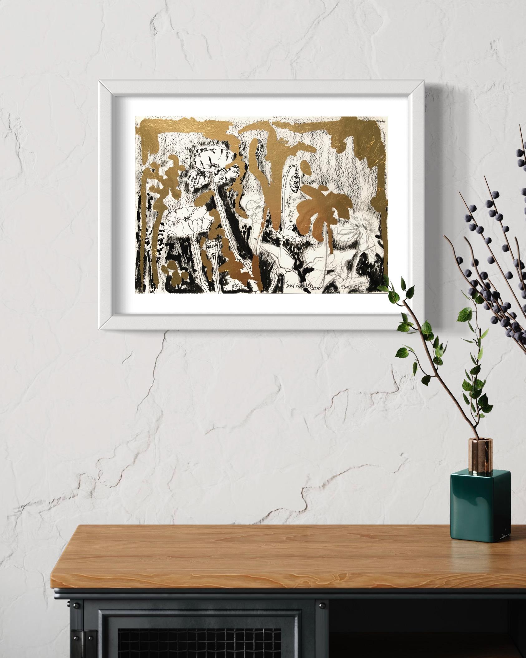 Original-Florecimiento estival-Perritos-Dalias-Tinta dorada sobre papel-Oferta de dibujo rara-Reino Unido - Painting Expresionismo abstracto de Shizico Yi