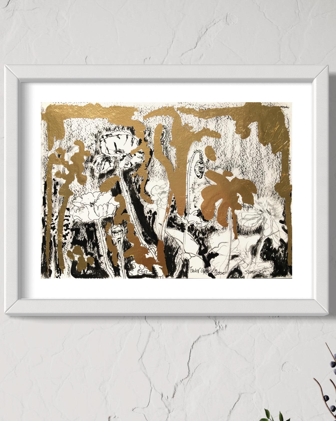 Original-Florecimiento estival-Perritos-Dalias-Tinta dorada sobre papel-Oferta de dibujo rara-Reino Unido - Painting de Shizico Yi