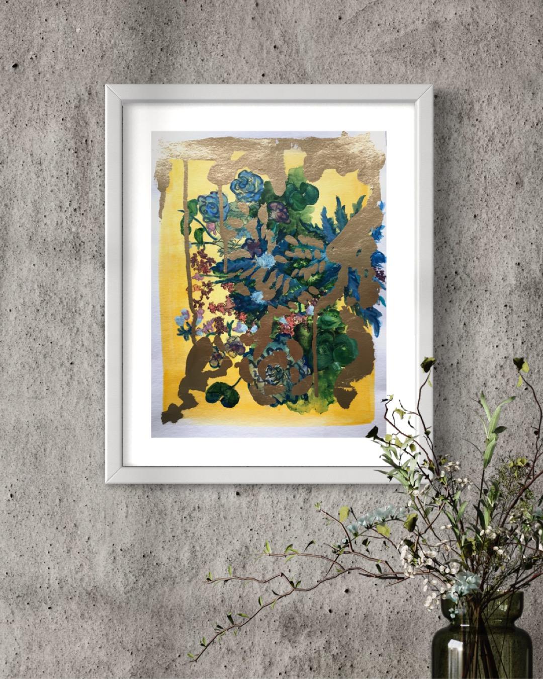 Original-Sunlit Series-Summer Bloom-rare work-on-paper on offer-gold-UK artist