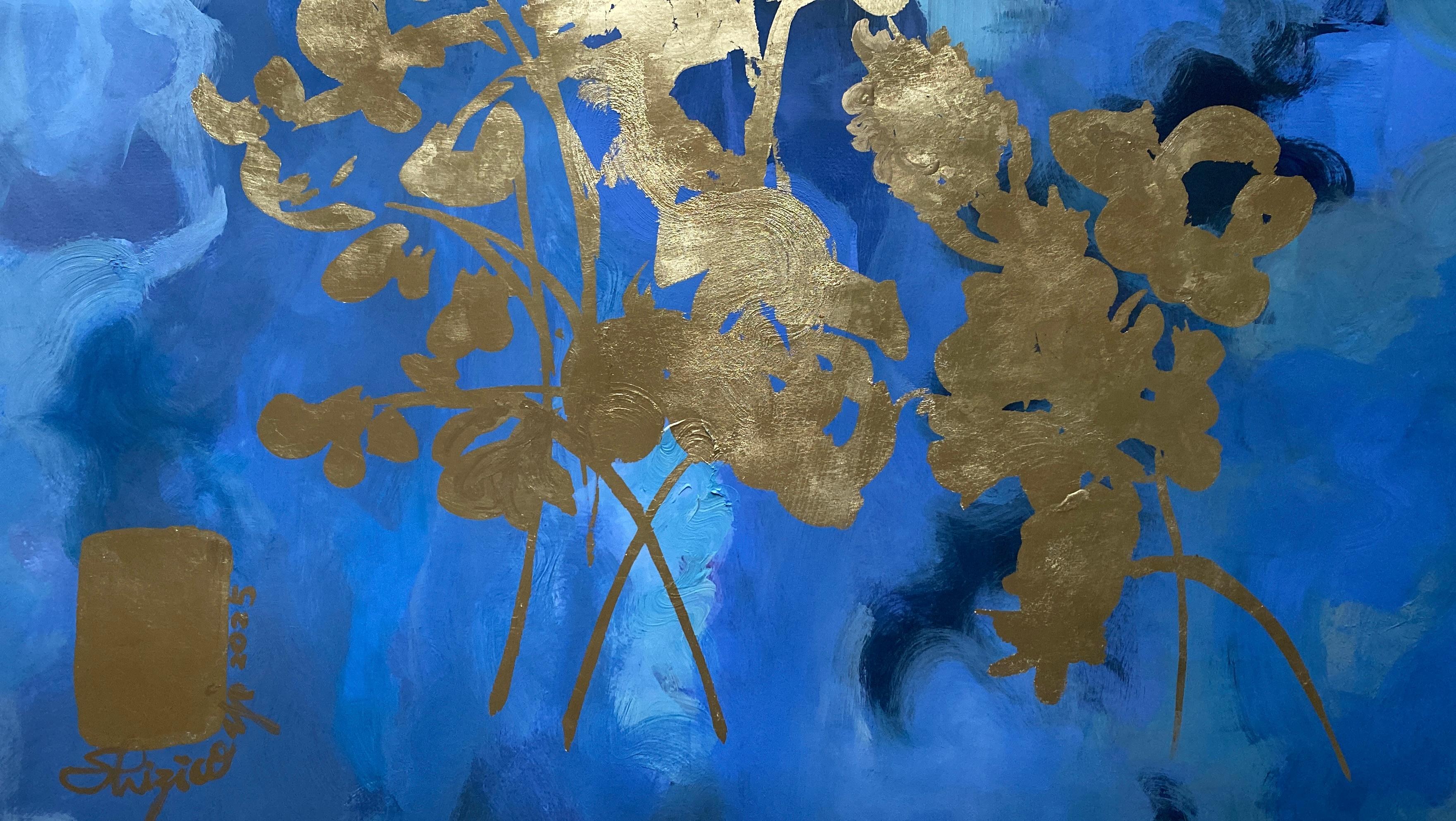 August Moon - Épreuve d'artiste en un exemplaire - Peint à la main - Artistique britannique primé - Feuille d'or - Or Landscape Print par Shizico Yi