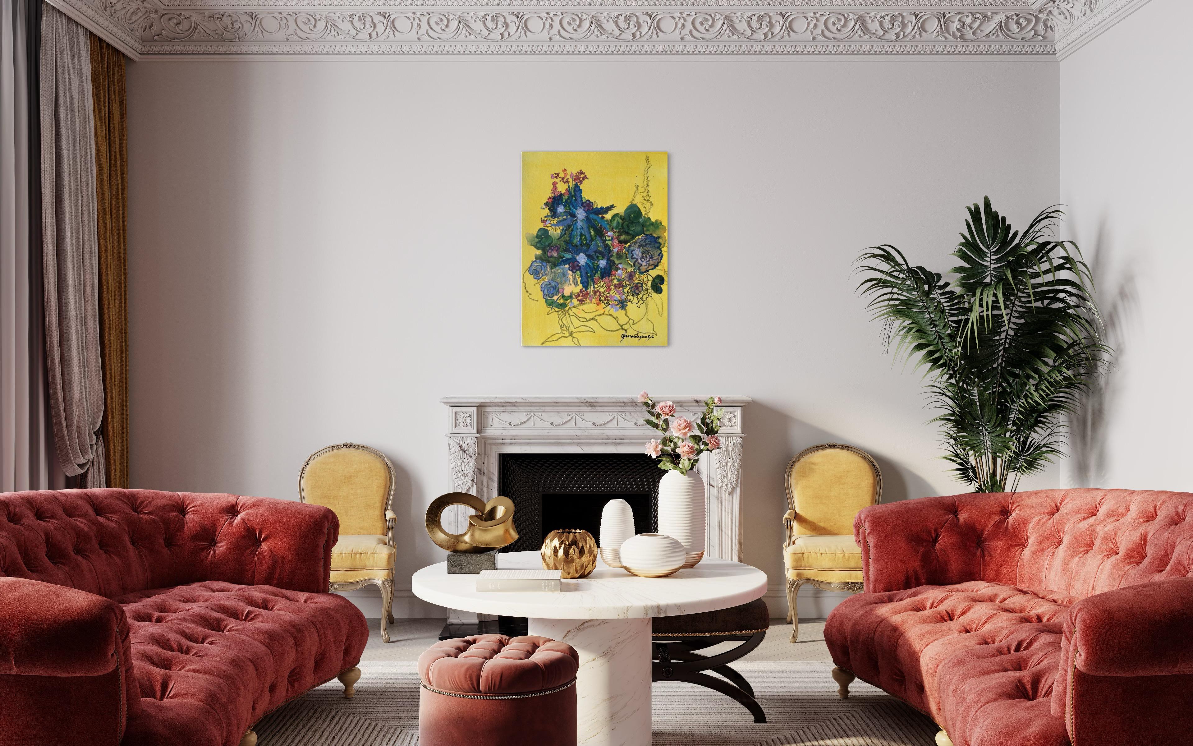 Hand-painted Large Limited Edition-Constant Gardener-British Awarded Artist - Yellow Abstract Painting by Shizico Yi