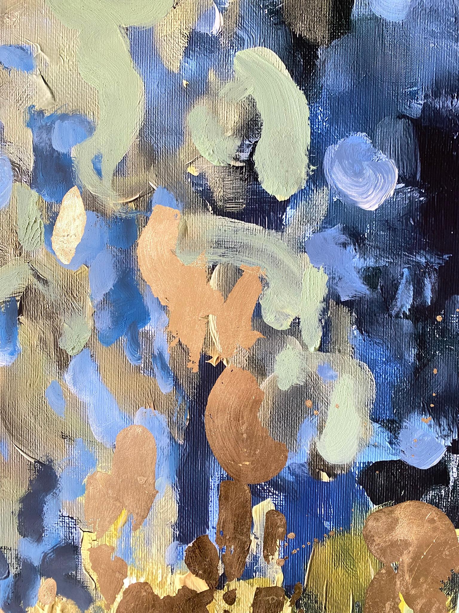 Golden Glow Summer Night - Épreuve peinte à la main - Artistique britannique récompensé - Feuille d'or - Impressionnisme abstrait Print par Shizico Yi