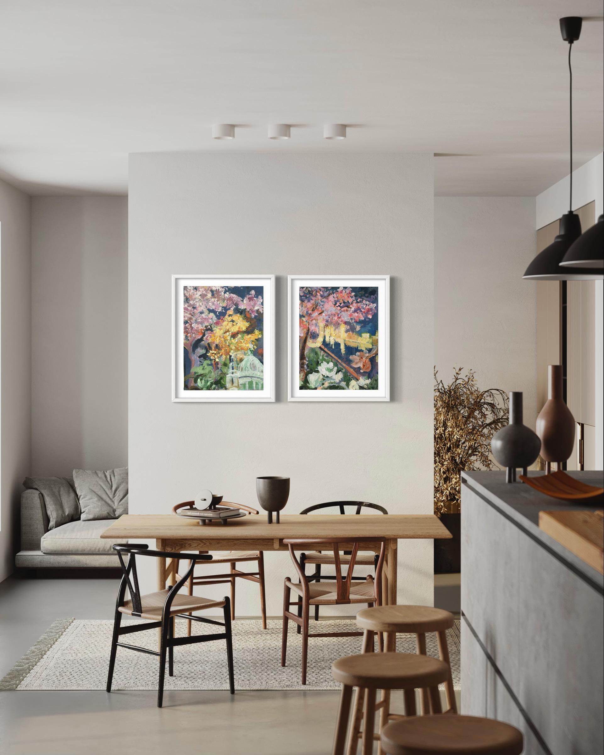 Hand Painted Artist's Proof Diptych-Sunshine Factory-London-Brit Awarded Artist - Gray Landscape Print by Shizico Yi