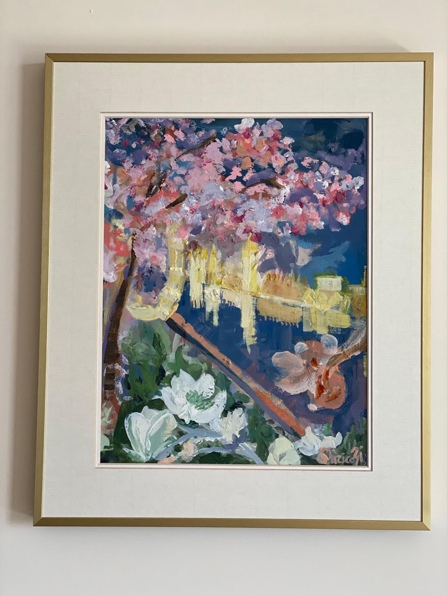 This diptych is Shizico Yi's love letter to London. The paintings captures two major spring trees in the artist’s garden, painted plein-air in the garden for few days, later on, Yi added the important locations of London that are dear to her