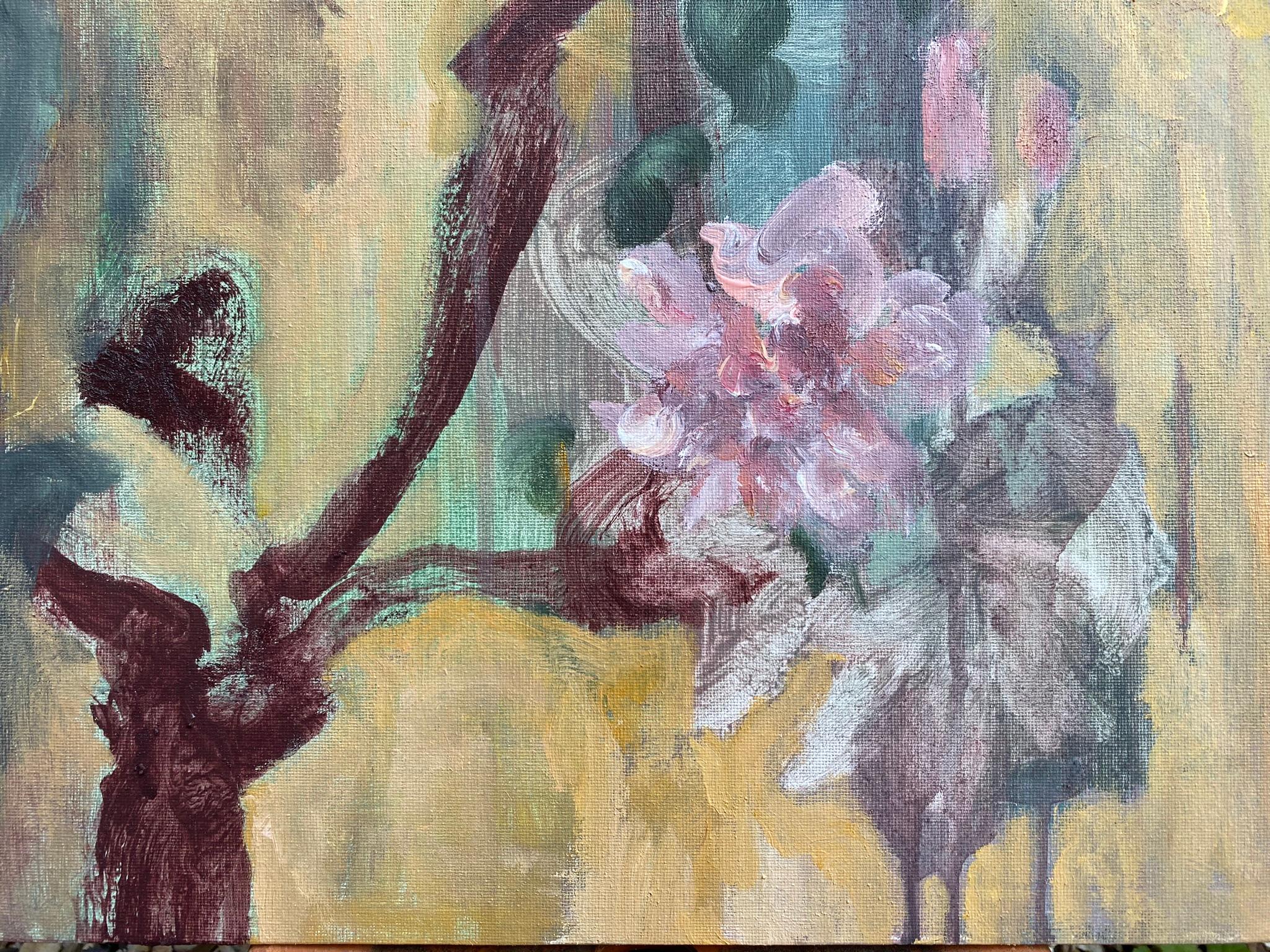 Ce tableau [Golden Summer : Sunlit - Rosa Albertines] a été peint en plein air, dans le jardin de Shizico, où se trouvent les roses commémoratives qu'elle a plantées.  Il s'agit de Rosa Albertine, la première variété Old English que l'artiste