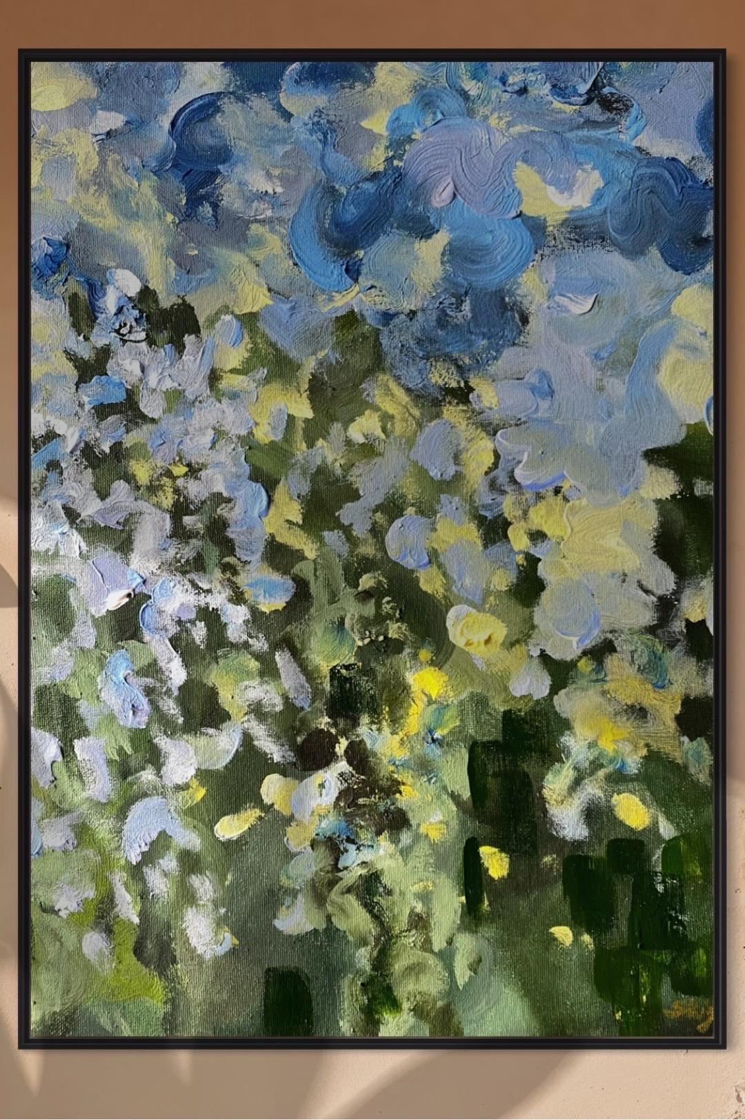 Edizione dipinta a mano n. 2-Canzone del tramonto con blu e verde-Artista britannico premiato - Landscape Print Marrone di Shizico Yi