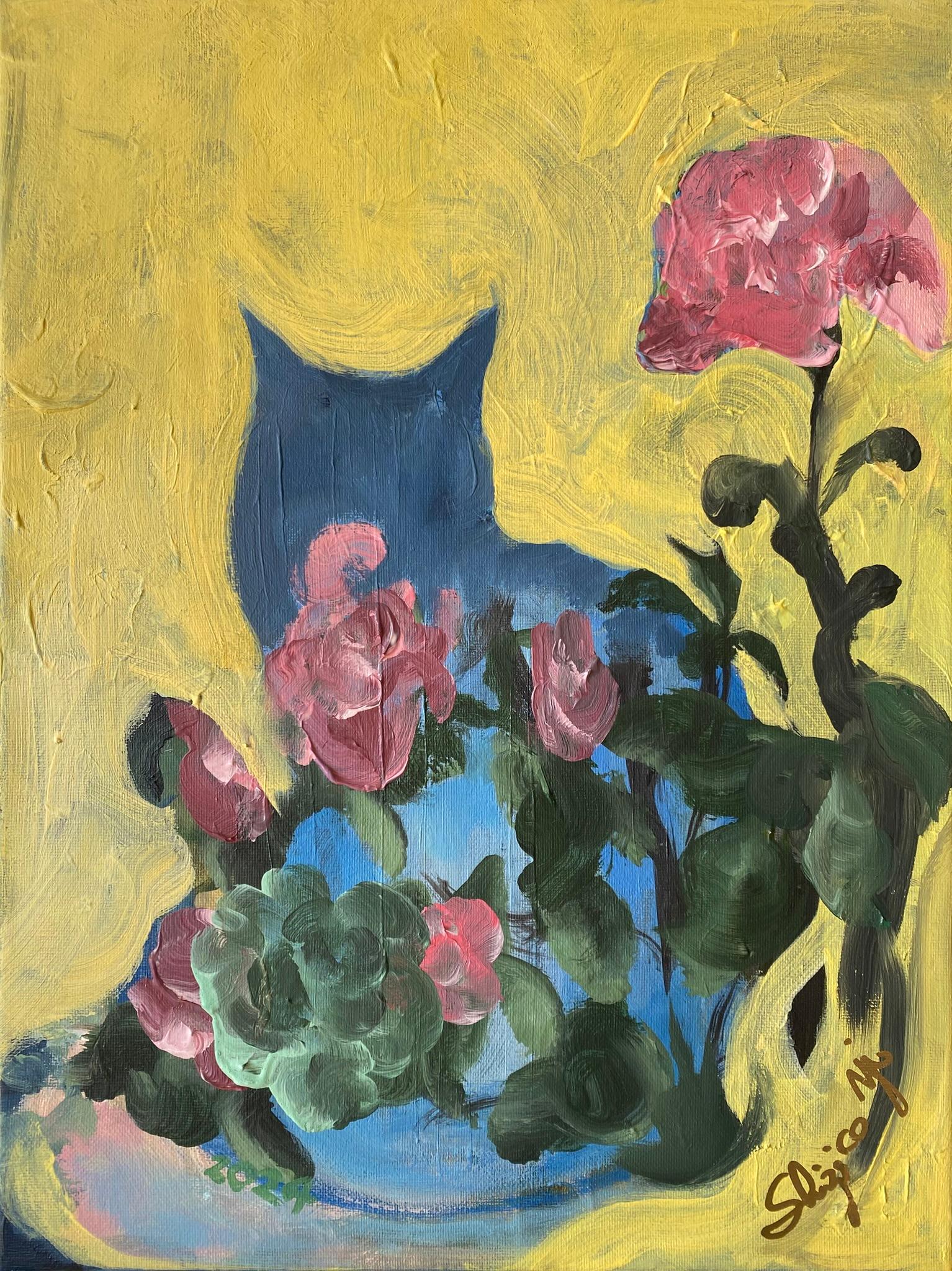 Hand painted Large Artist's Proof-Breakfast with Cat-British Awarded Artist-rose