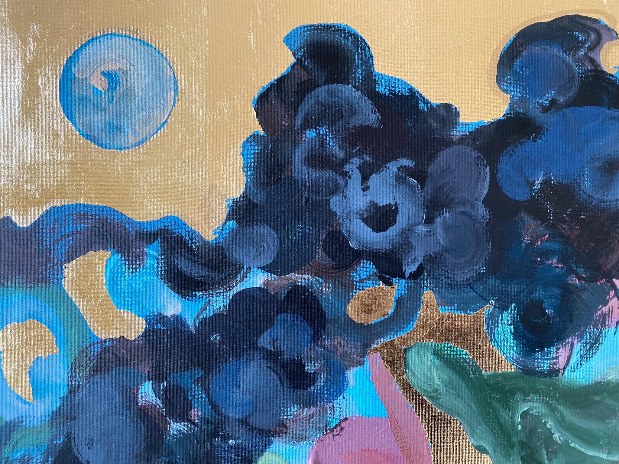 Pintado a mano Edición Limitada #1-Primera Luna-Premio del Reino Unido al Artista-óleo, oro sobre Giclée - Abstract Print Marrón de Shizico Yi