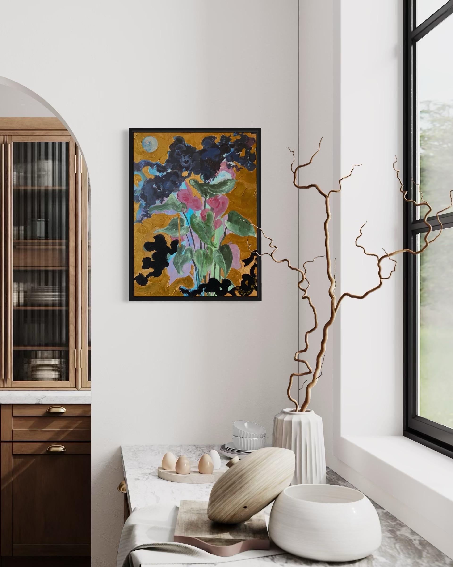 Édition limitée peinte à la main #2-Première lune- Artiste récompensé au Royaume-Uni-huile, or sur Giclée - Marron Landscape Print par Shizico Yi